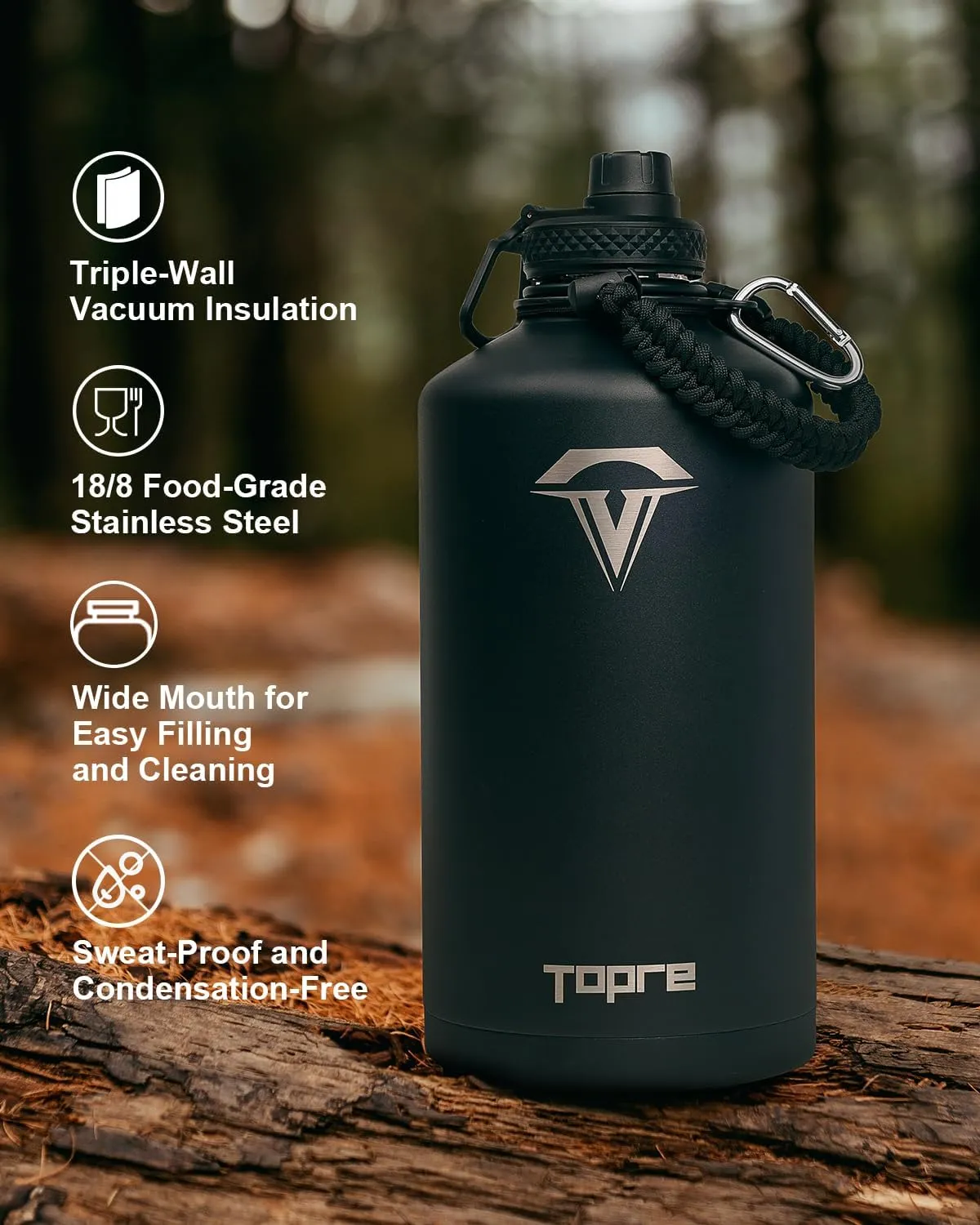 One Gallon Water Bottle,128oz Insulated Water Flask Stainless Steel Vacuum, Cold for 48 Hrs,BPA-Free & Leakproof -with Paracord Handle,Strap,Straw Spout Lids,Large Jug for Gym Sports,Black