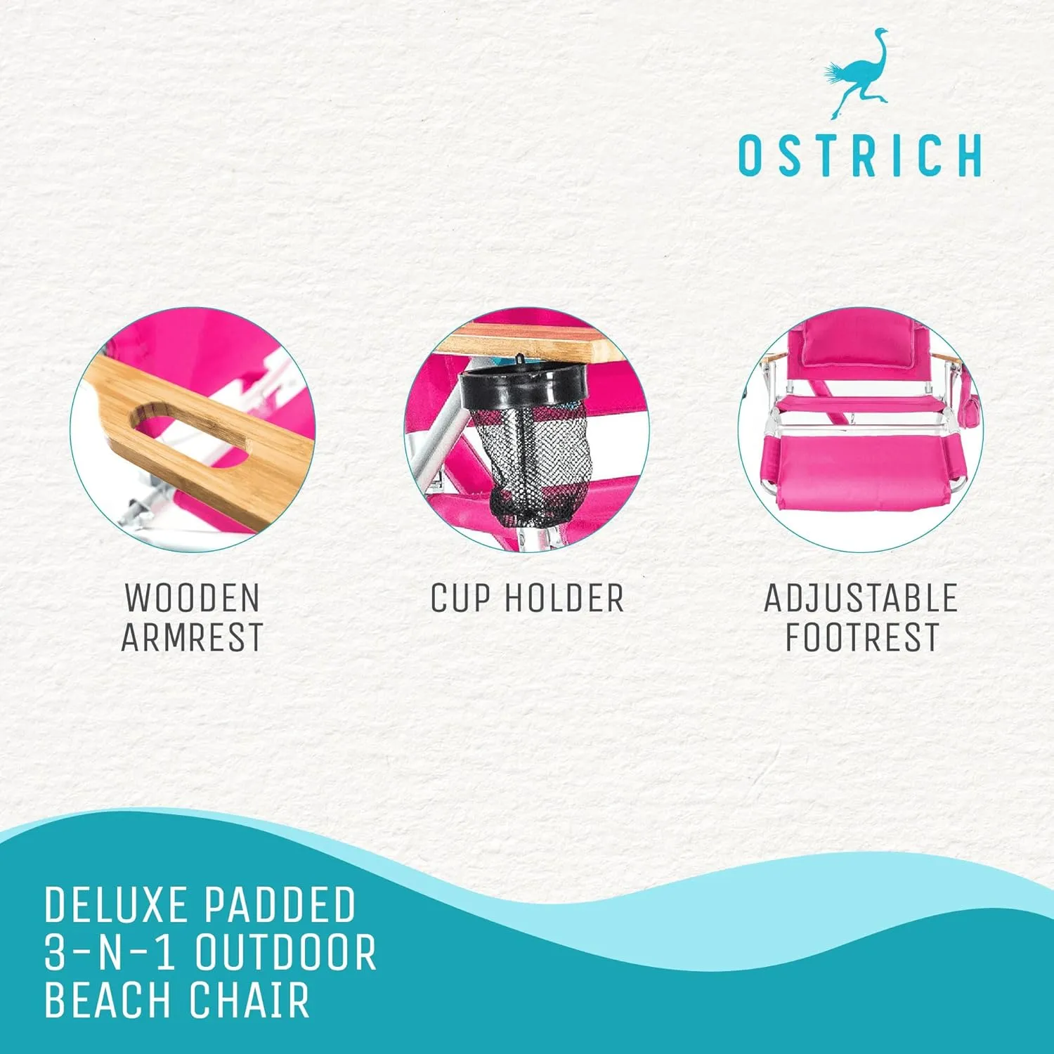 Ostrich Deluxe Padded 3-N-1 Outdoor Lounge Reclining Beach Lake Chair, Pink (3 Pack)