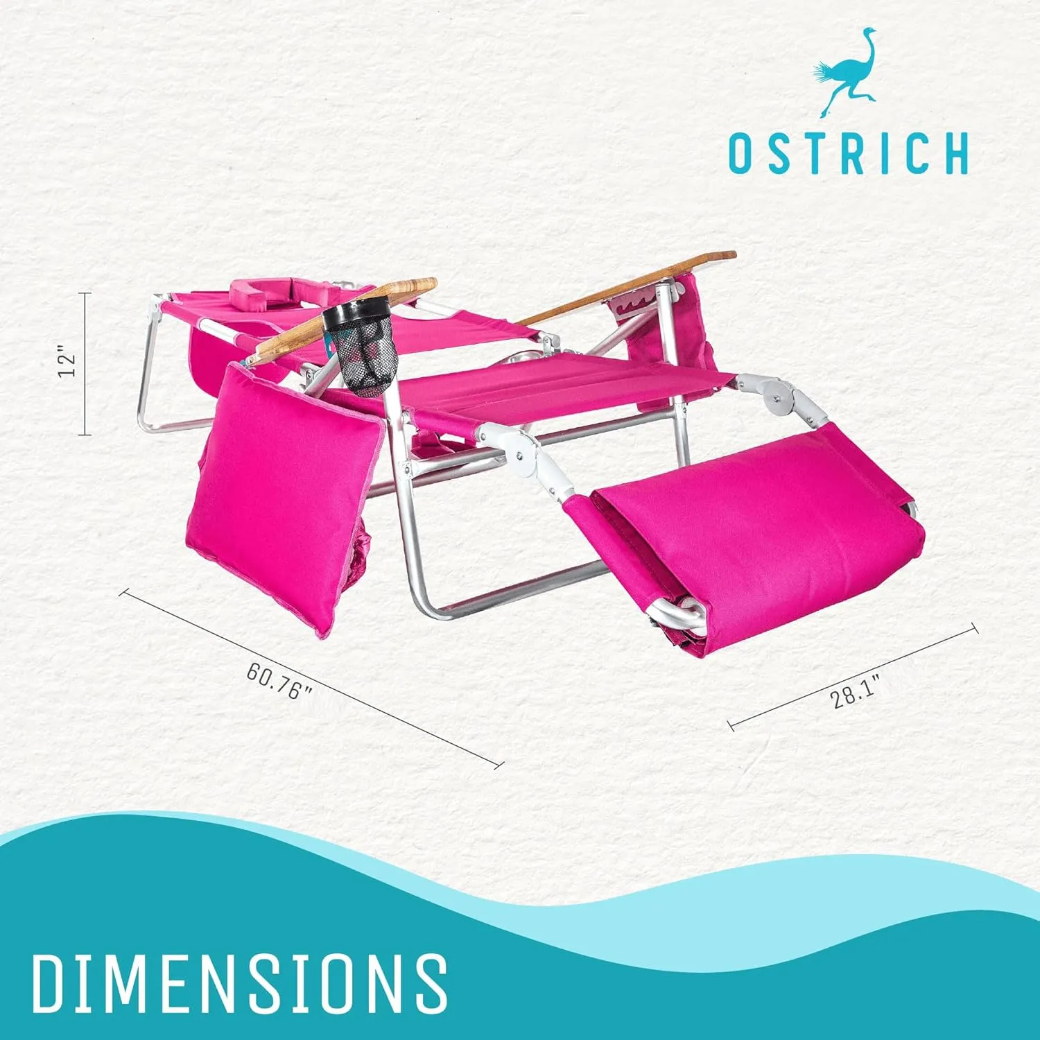 Ostrich Deluxe Padded 3-N-1 Outdoor Lounge Reclining Beach Lake Chair, Pink (3 Pack)