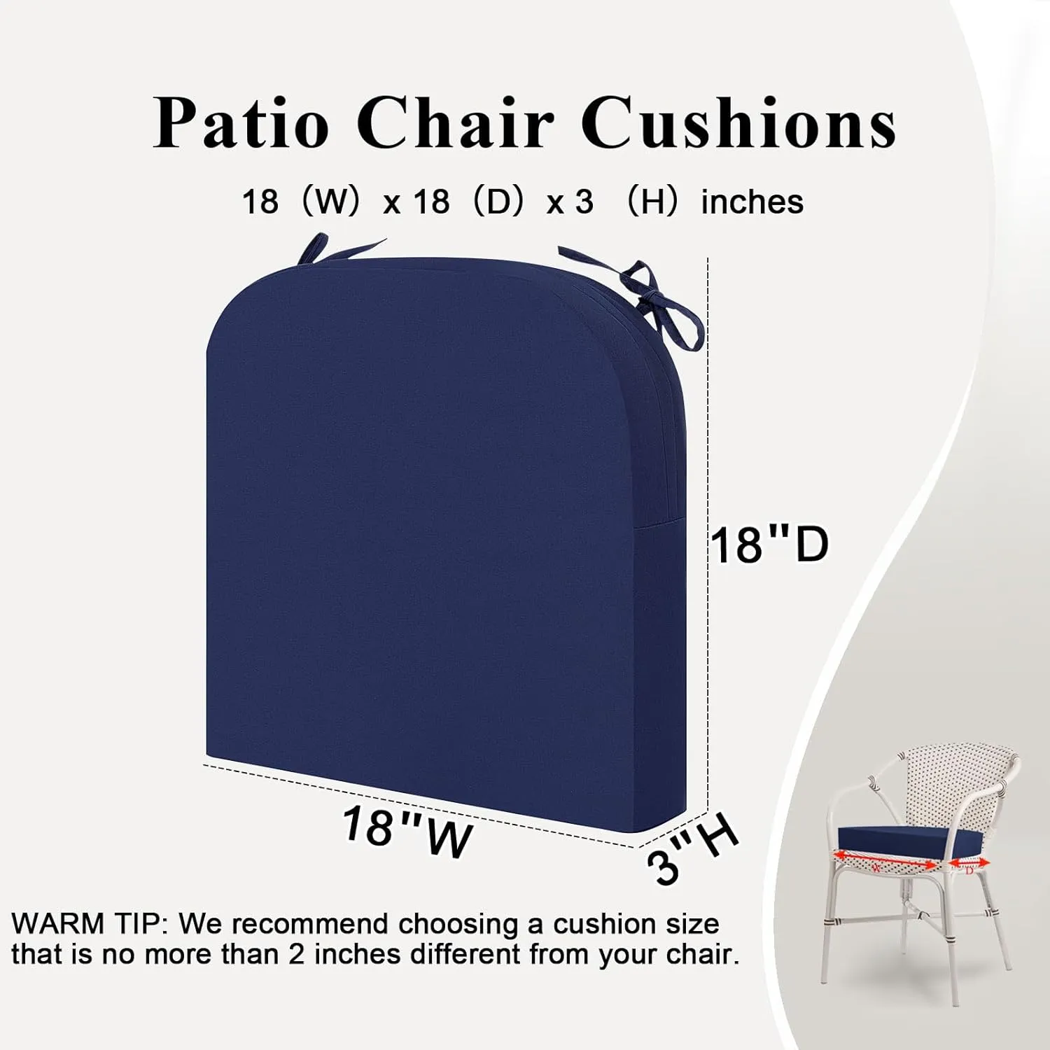 Outdoor Chair Cushions Set of 2, Waterproof Memory Foam Patio Seat Cushions with Ties for Garden Sofa & Dining Furniture, 3-Year Color Fastness, 18x18x3 Inch, Blue
