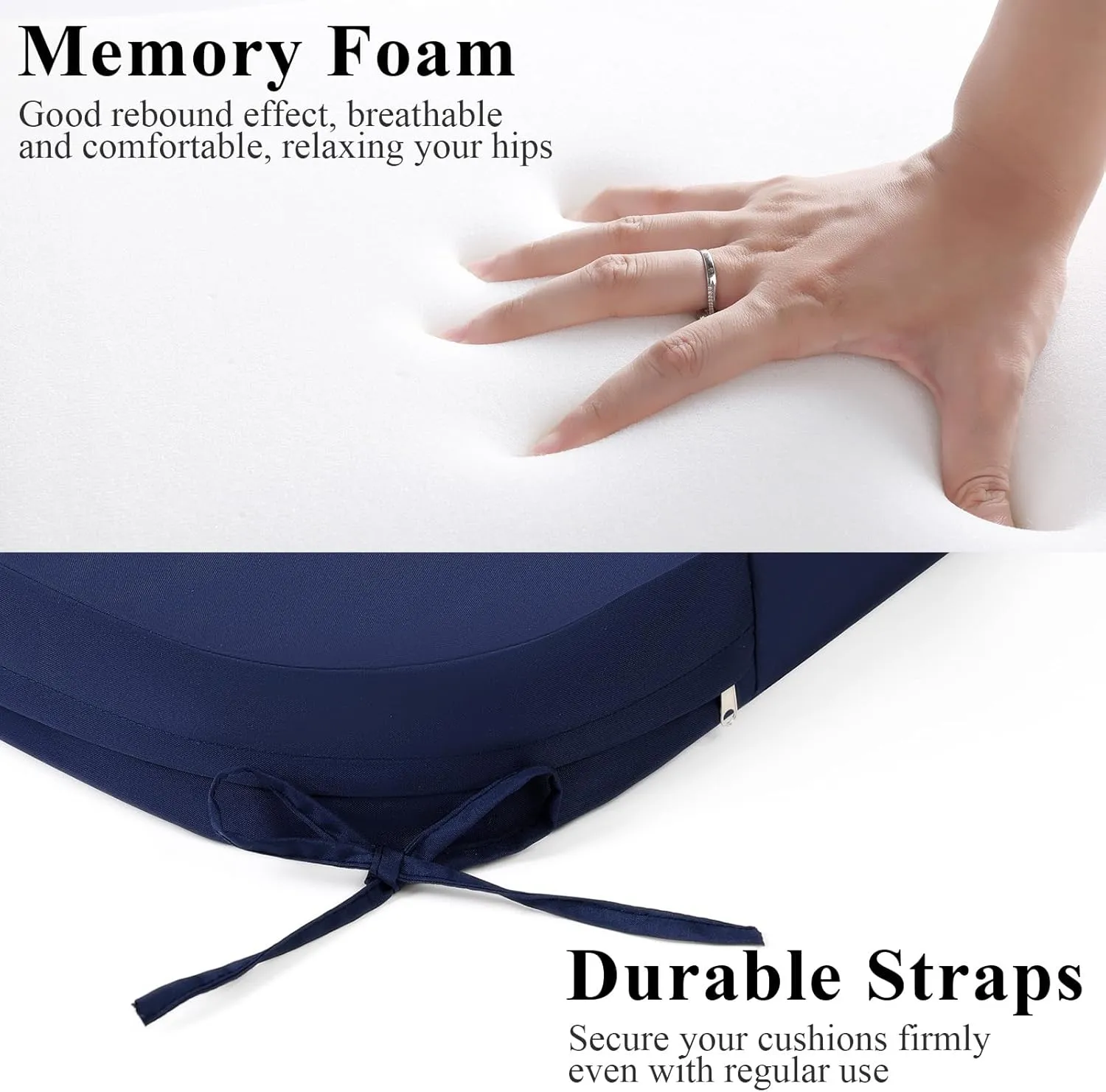 Outdoor Chair Cushions Set of 2, Waterproof Memory Foam Patio Seat Cushions with Ties for Garden Sofa & Dining Furniture, 3-Year Color Fastness, 18x18x3 Inch, Blue