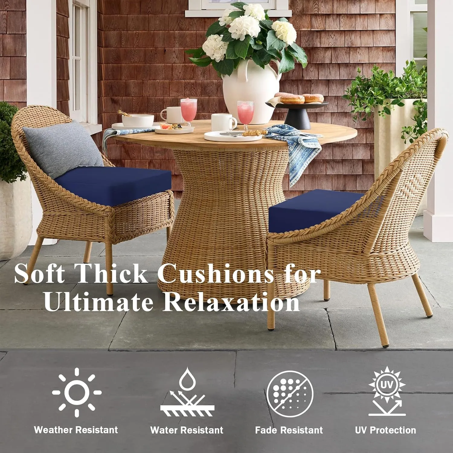 Outdoor Chair Cushions Set of 2, Waterproof Memory Foam Patio Seat Cushions with Ties for Garden Sofa & Dining Furniture, 3-Year Color Fastness, 18x18x3 Inch, Blue