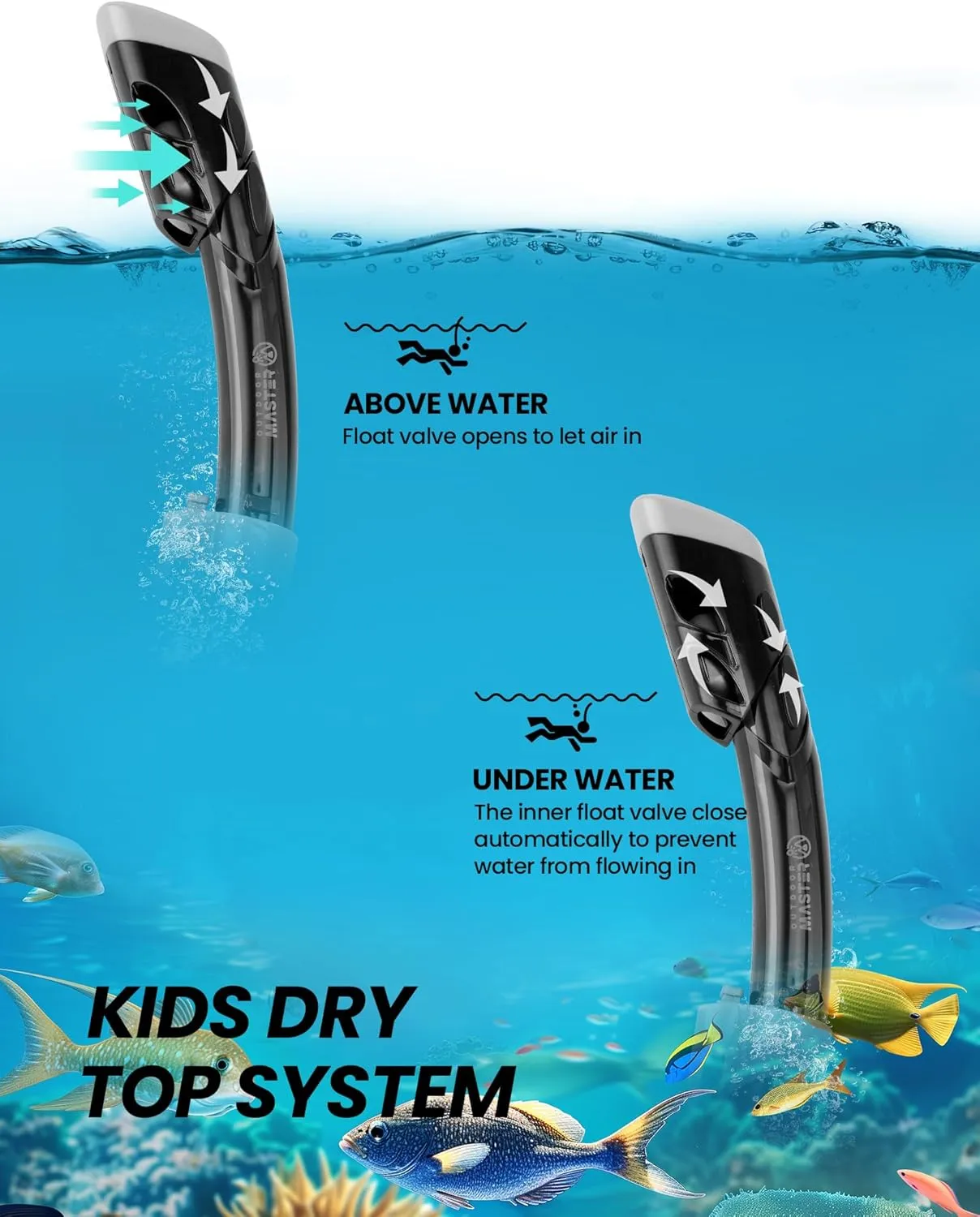 OutdoorMaster Marlin Kids Snorkel Set, Adjustable Strap Dry Top Diving Mask, Anti-Fog Snorkeling Mask Gear, Kids Swimming Goggles for Boys and Girls, Age 6-14