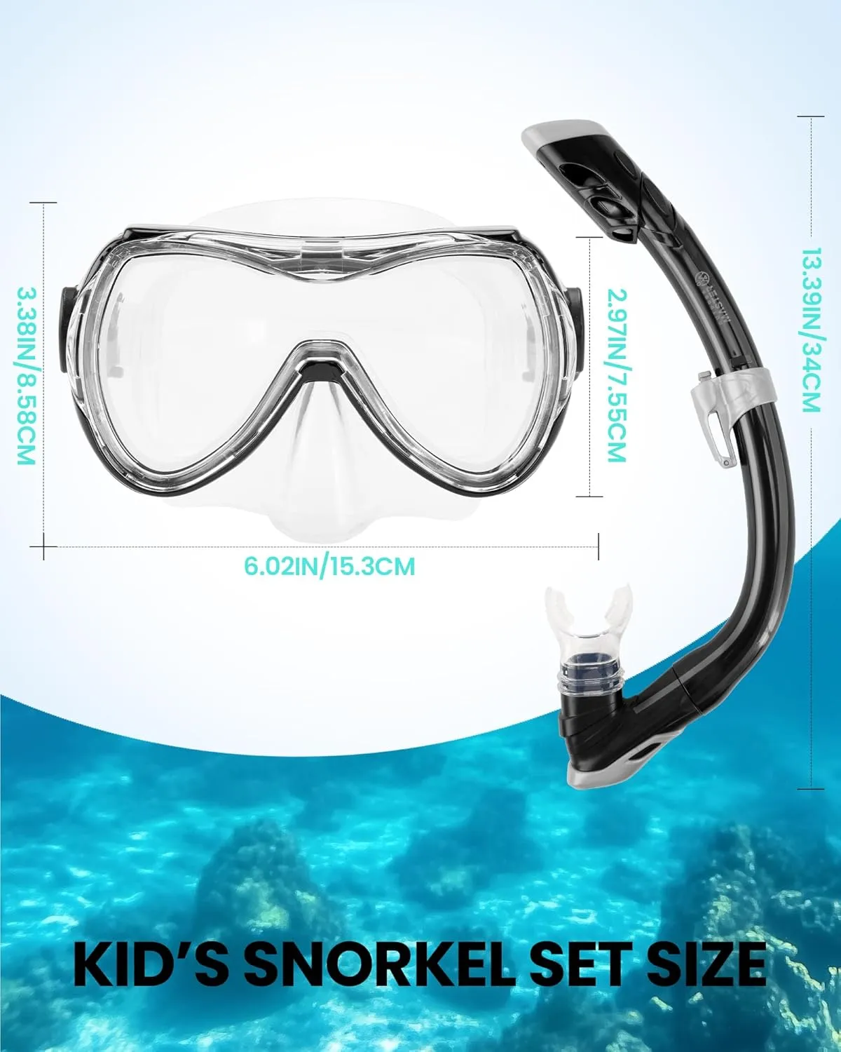 OutdoorMaster Marlin Kids Snorkel Set, Adjustable Strap Dry Top Diving Mask, Anti-Fog Snorkeling Mask Gear, Kids Swimming Goggles for Boys and Girls, Age 6-14