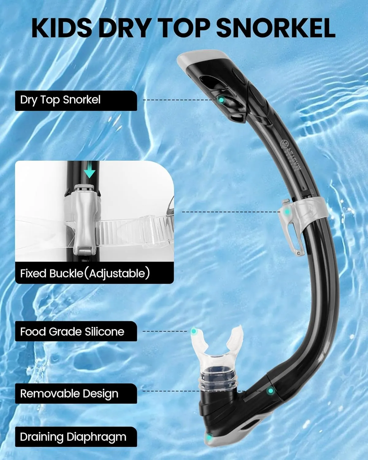 OutdoorMaster Marlin Kids Snorkel Set, Adjustable Strap Dry Top Diving Mask, Anti-Fog Snorkeling Mask Gear, Kids Swimming Goggles for Boys and Girls, Age 6-14