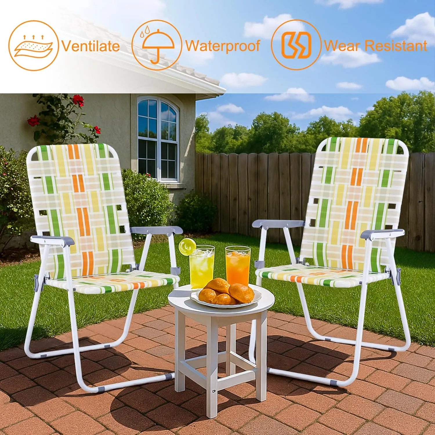 Outvita Webbed Lawn Chairs Set of 2, Foldable Metal Patio Chairs Stable Steel Outdoor Chair for Camping, Fishing, Beach, Poolside, Backyard and BBQ