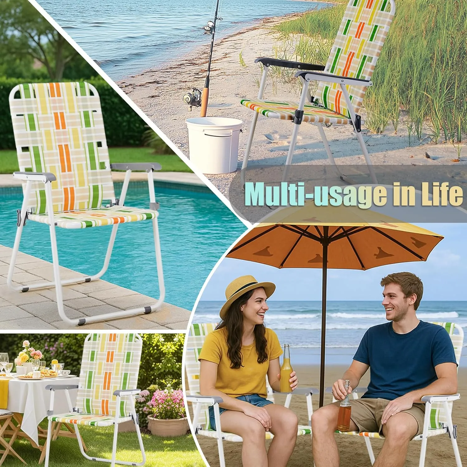 Outvita Webbed Lawn Chairs Set of 2, Foldable Metal Patio Chairs Stable Steel Outdoor Chair for Camping, Fishing, Beach, Poolside, Backyard and BBQ