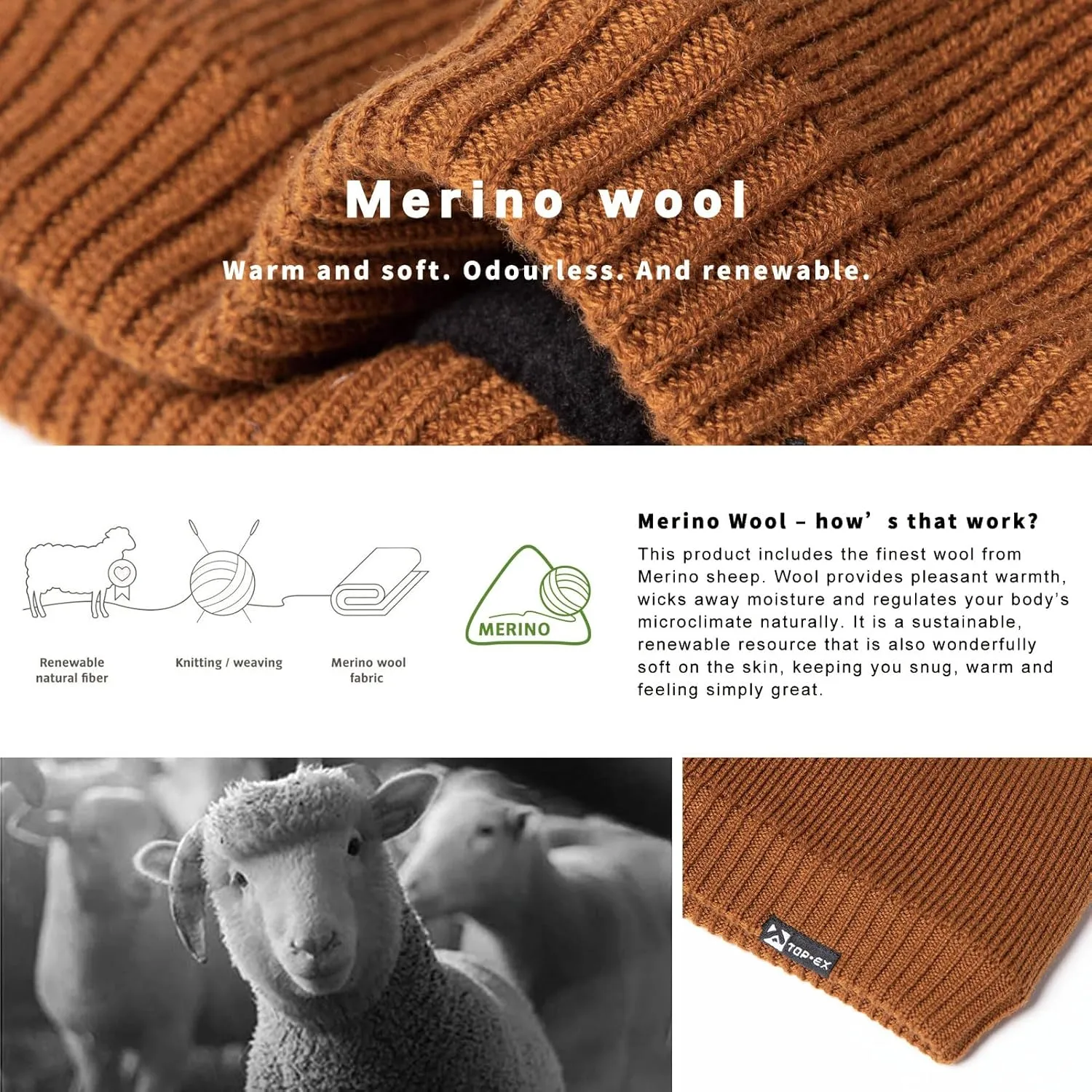 Oversized L/XL/XXL Waterproof Merino Wool Blend Beanie Fleece Lined Knit Hat for All-Weather Winter Warm