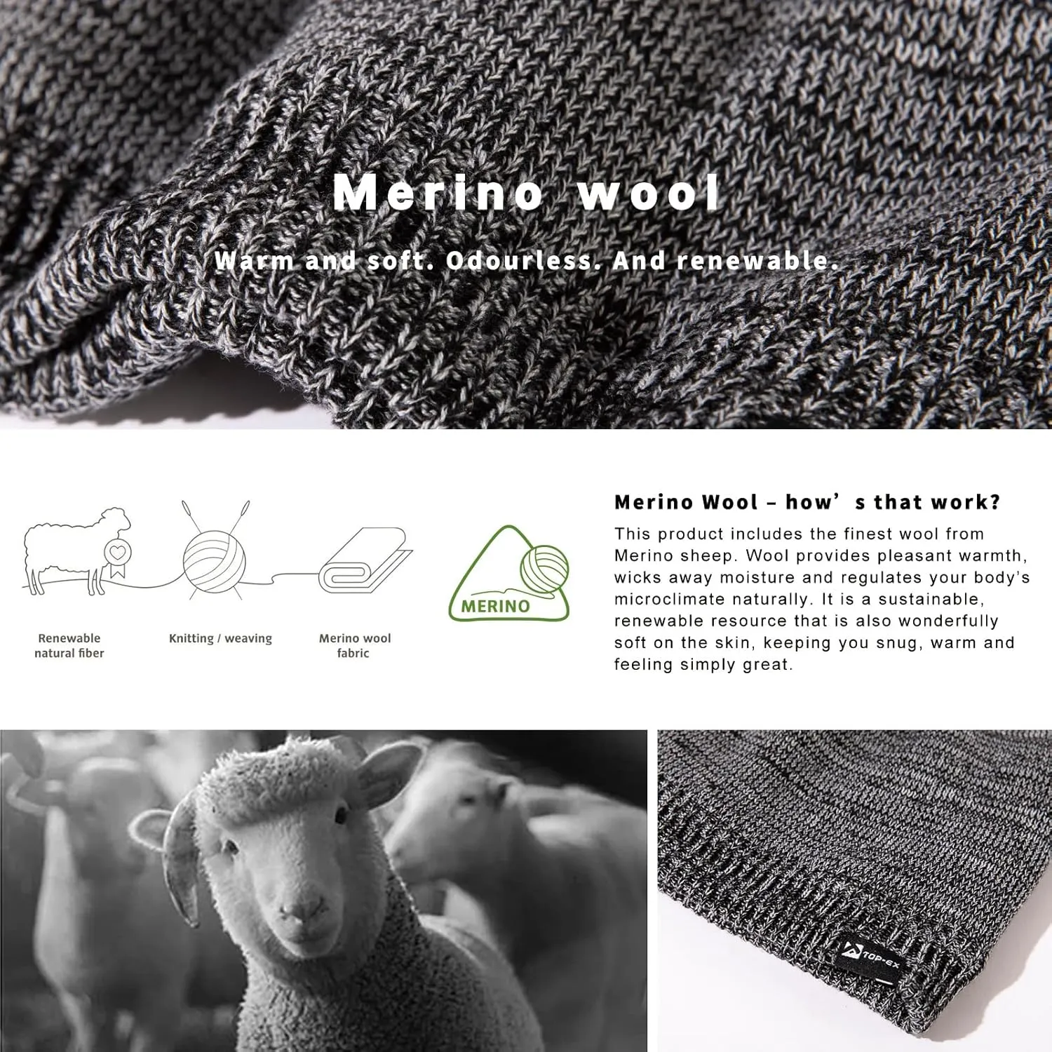 Oversized L/XL/XXL Waterproof Merino Wool Blend Beanie Fleece Lined Knit Hat for All-Weather Winter Warm