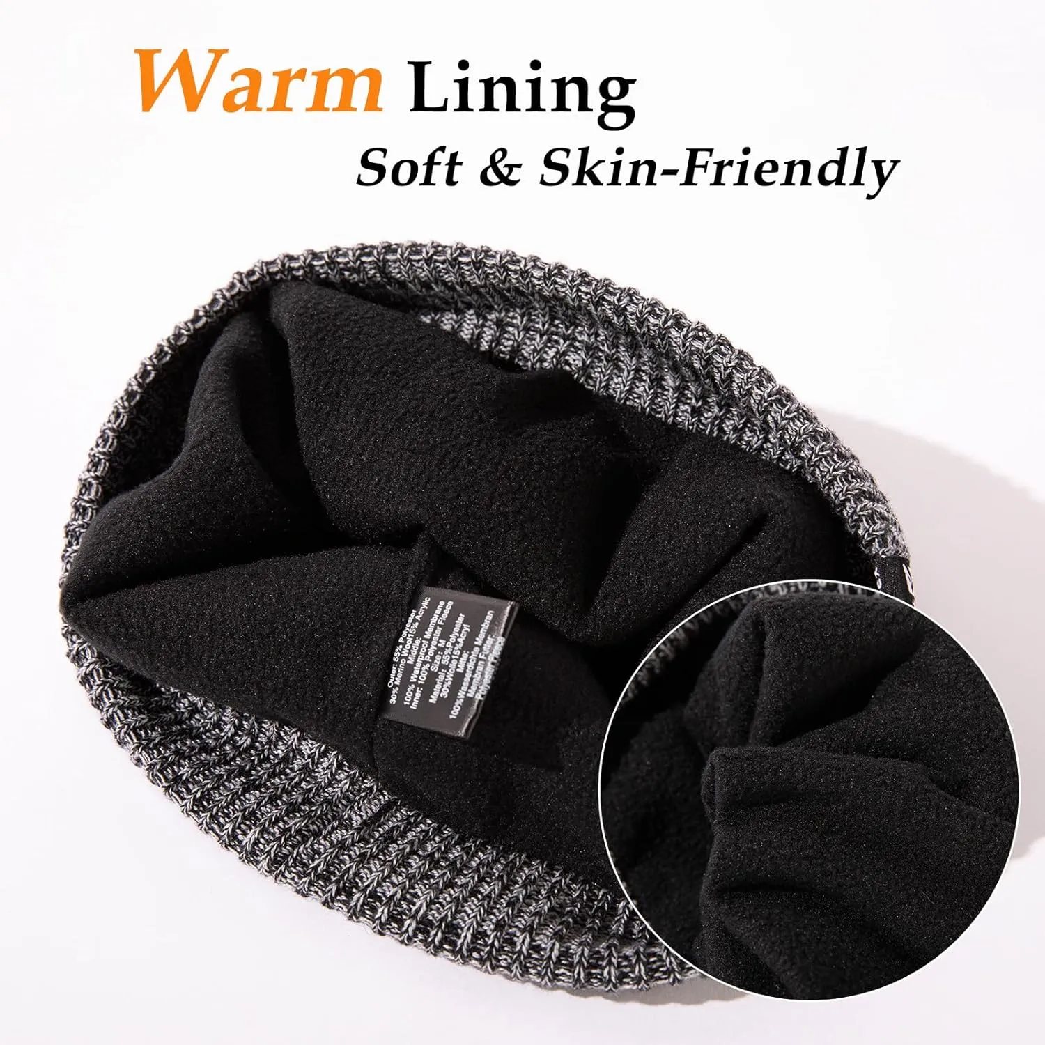 Oversized L/XL/XXL Waterproof Merino Wool Blend Beanie Fleece Lined Knit Hat for All-Weather Winter Warm
