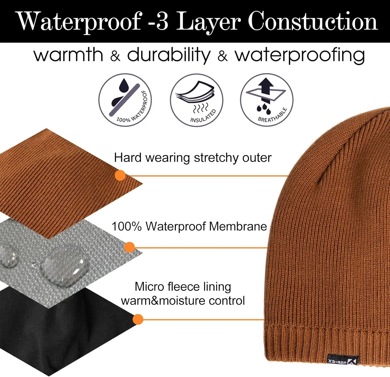 Oversized L/XL/XXL Waterproof Merino Wool Blend Beanie Fleece Lined Knit Hat for All-Weather Winter Warm
