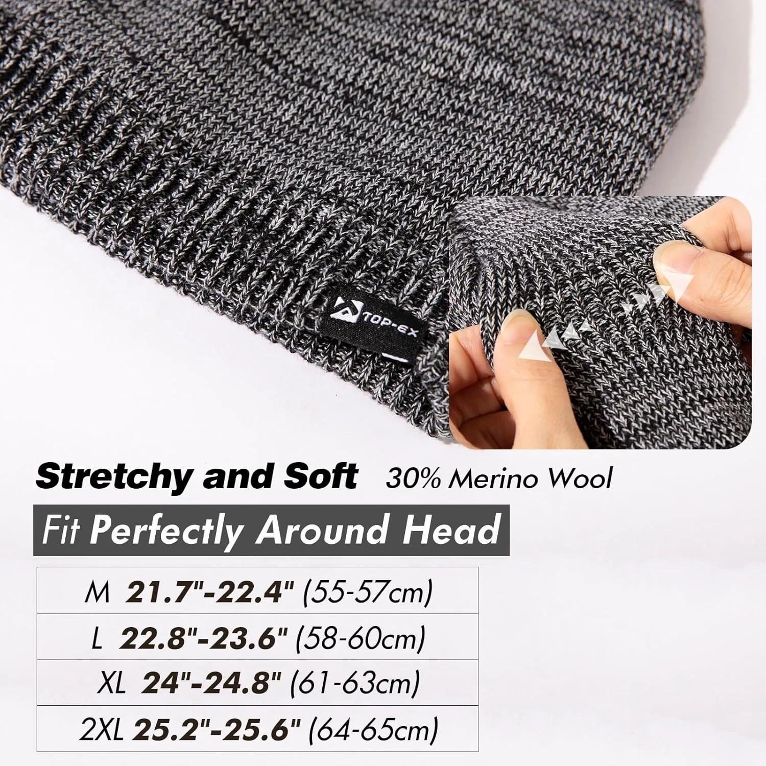 Oversized L/XL/XXL Waterproof Merino Wool Blend Beanie Fleece Lined Knit Hat for All-Weather Winter Warm
