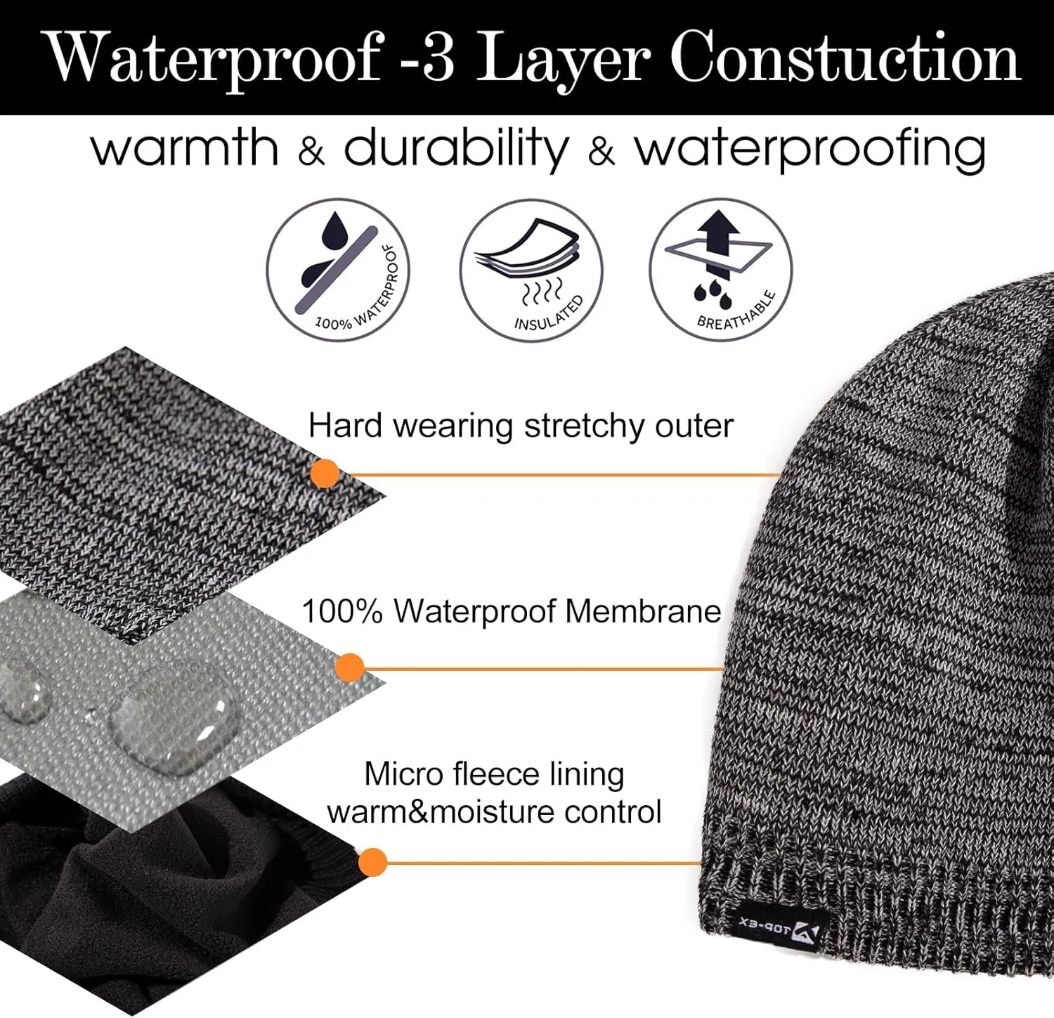 Oversized L/XL/XXL Waterproof Merino Wool Blend Beanie Fleece Lined Knit Hat for All-Weather Winter Warm