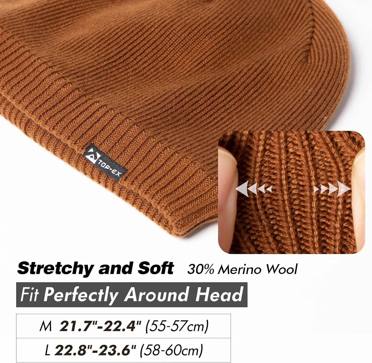 Oversized L/XL/XXL Waterproof Merino Wool Blend Beanie Fleece Lined Knit Hat for All-Weather Winter Warm