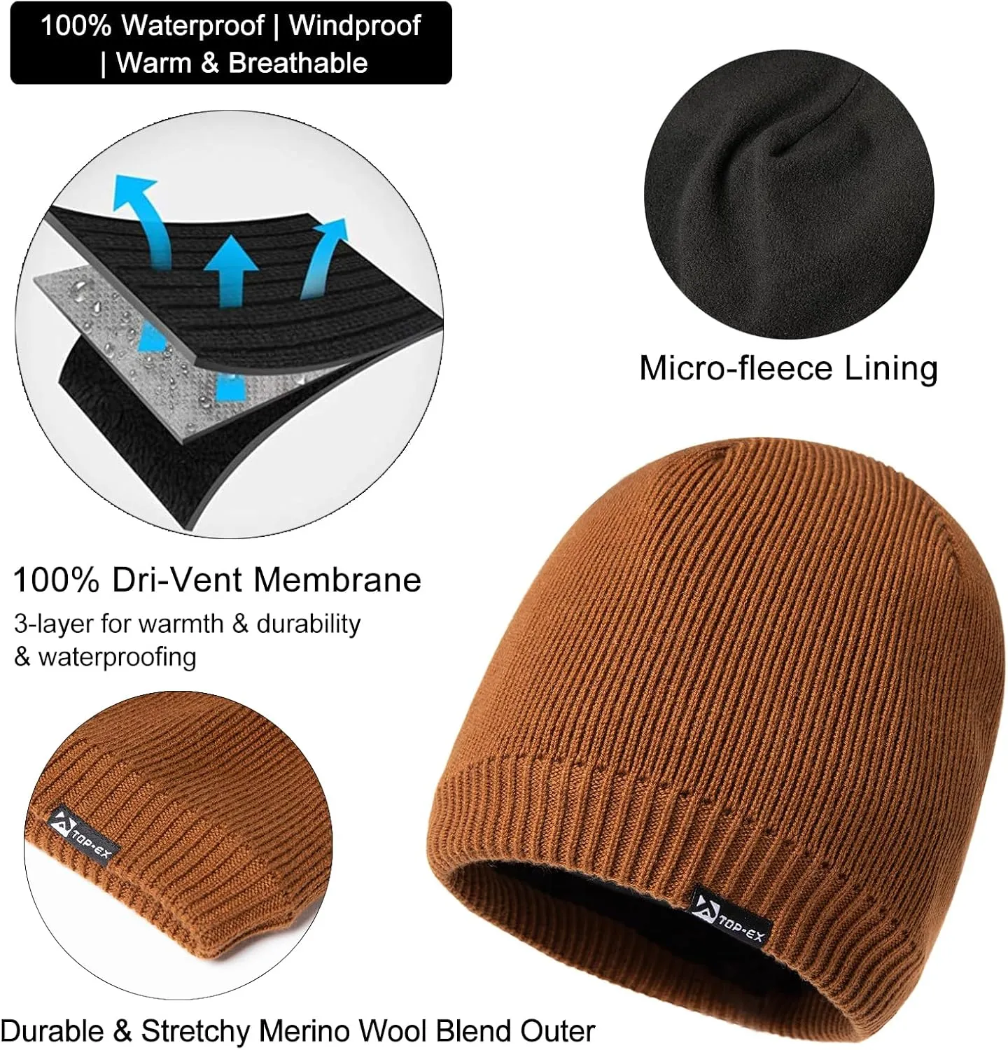 Oversized L/XL/XXL Waterproof Merino Wool Blend Beanie Fleece Lined Knit Hat for All-Weather Winter Warm