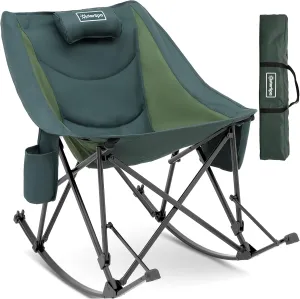 Oversized Rocking Camping Chair for Adults Heavy Duty,Padded Outdoor Rocking Chair Lawn Chairs Portable Rocking Camp Chairs with Side Pocket and Carry Bag for Indoor,Beach,Camp,Lawn,Outdoor