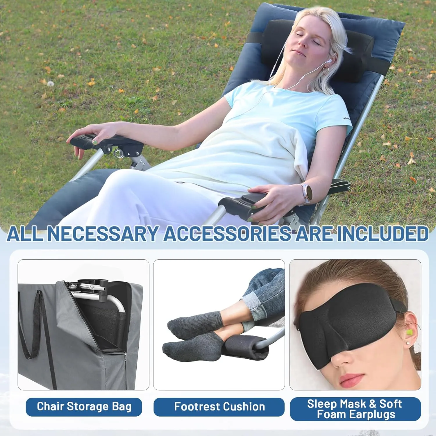 Oversized Zero Gravity Chair, XL Lounge Chair 29” Width, Padded Recliner Chair W/Removable Cushion & Adj Headrest, Storage Bag, Footrest Cushion, Cup Holder, for Indoor Outdoor, Blue