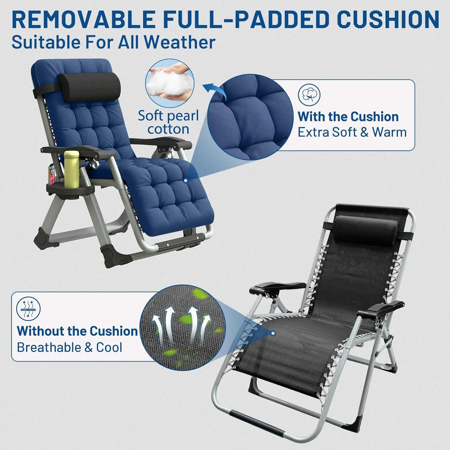Oversized Zero Gravity Chair, XL Lounge Chair 29” Width, Padded Recliner Chair W/Removable Cushion & Adj Headrest, Storage Bag, Footrest Cushion, Cup Holder, for Indoor Outdoor, Blue