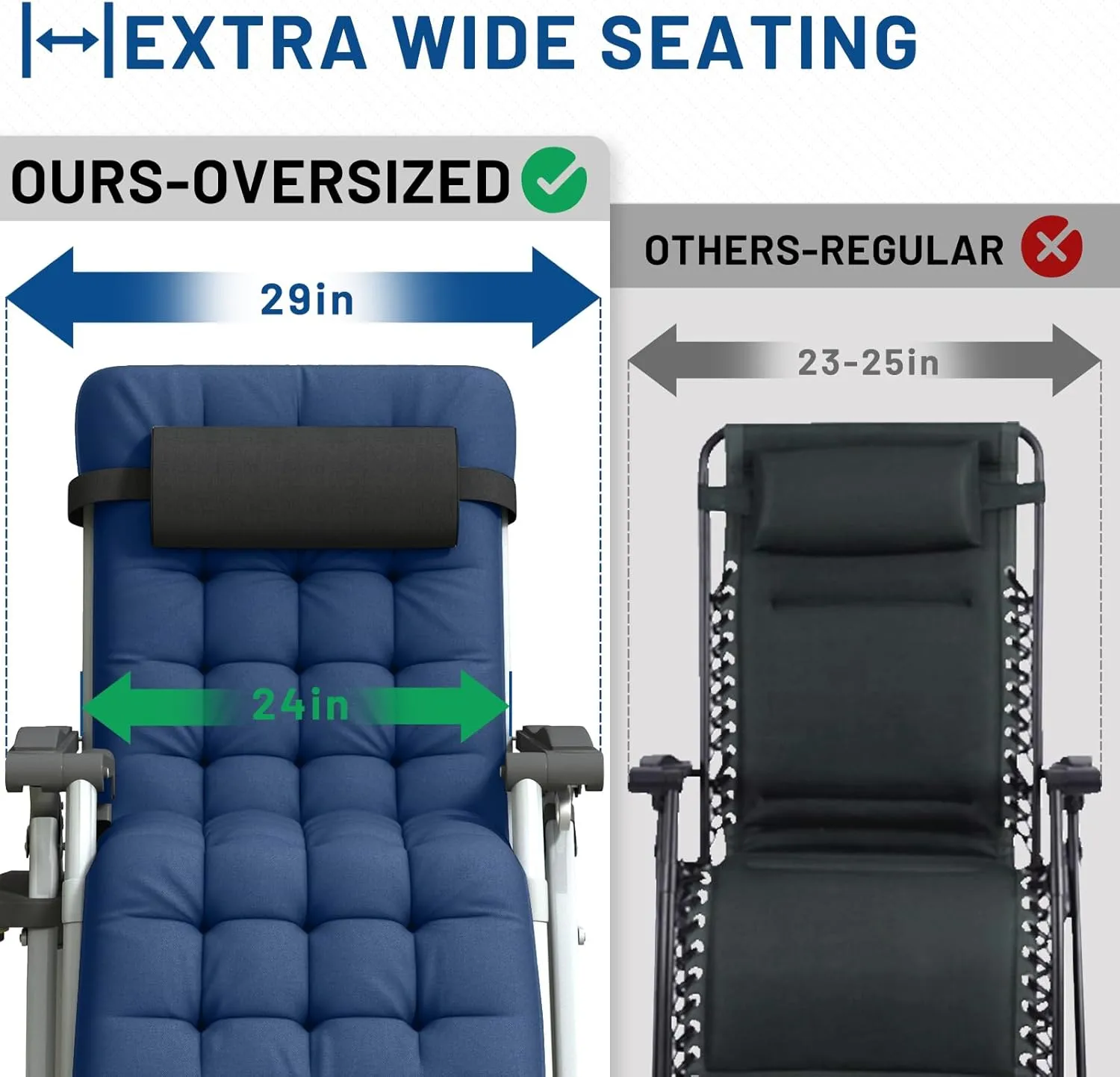 Oversized Zero Gravity Chair, XL Lounge Chair 29” Width, Padded Recliner Chair W/Removable Cushion & Adj Headrest, Storage Bag, Footrest Cushion, Cup Holder, for Indoor Outdoor, Blue