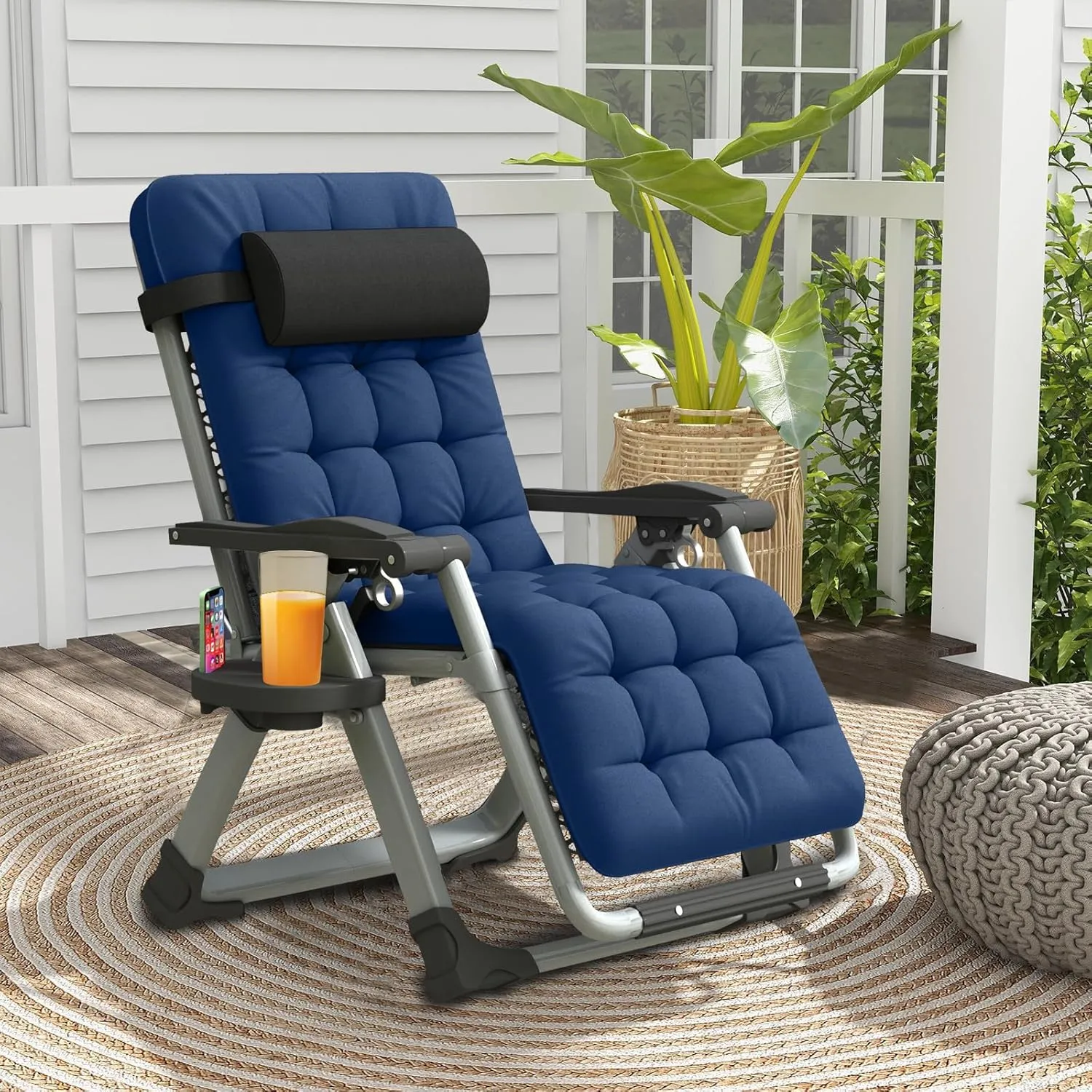 Oversized Zero Gravity Chair, XL Lounge Chair 29” Width, Padded Recliner Chair W/Removable Cushion & Adj Headrest, Storage Bag, Footrest Cushion, Cup Holder, for Indoor Outdoor, Blue