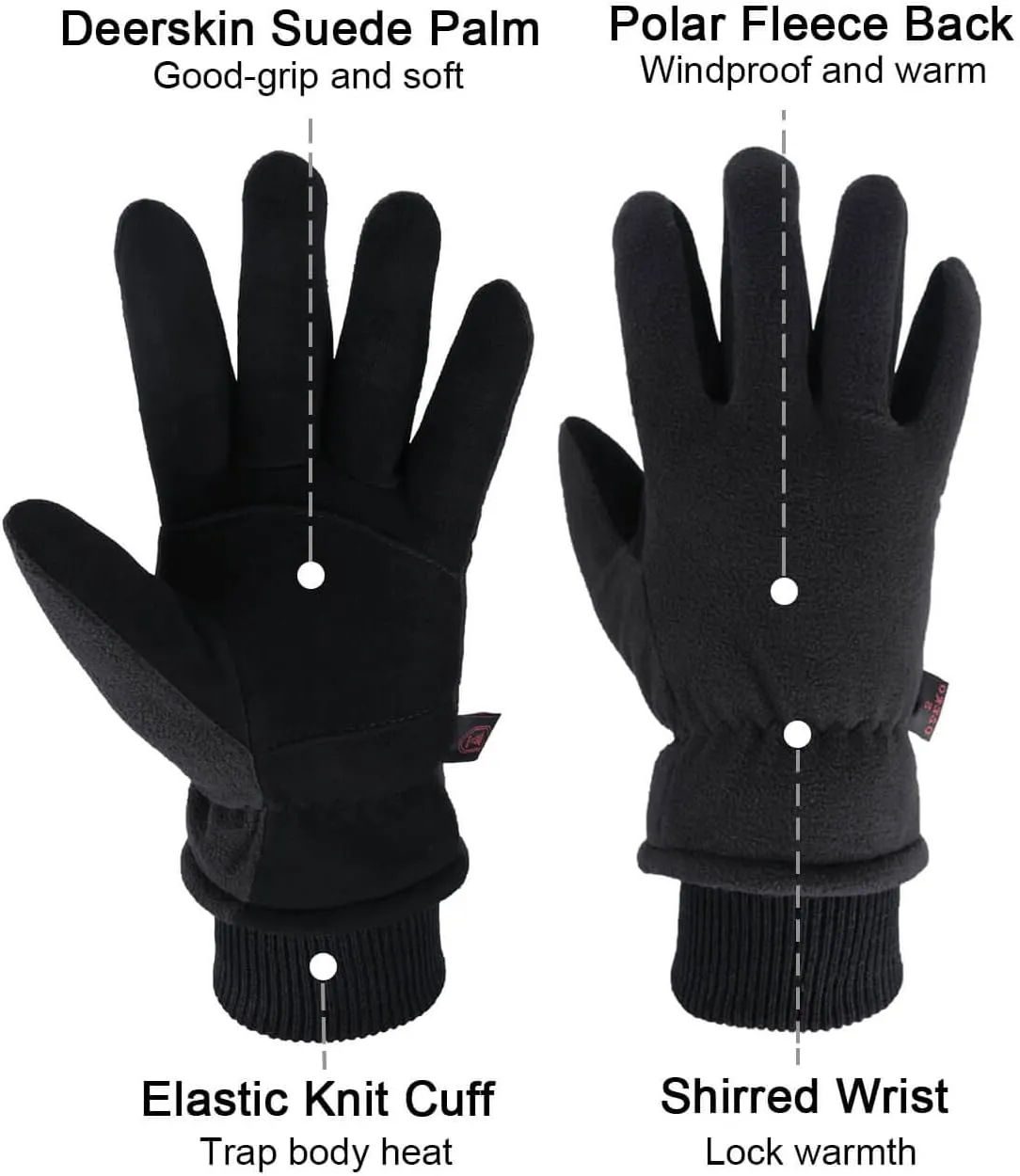 OZERO Winter Gloves Deerskin Suede Leather and Insulated Polar Fleece Water Resistant Thermal Gifts for Men and Women