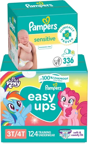 Pampers Easy Ups Pull On Training Pants My Little Pony, 3T-4T, 124 Count with Sensitive Water Based Baby Wipes 4X Pop-Top Packs (336 Count)