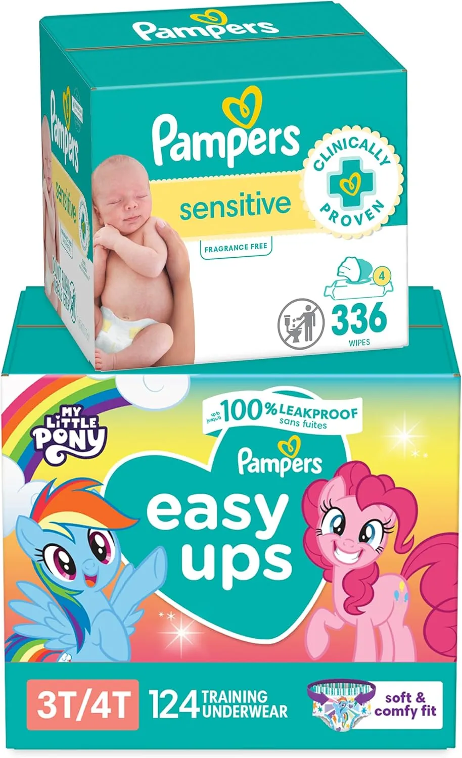 Pampers Easy Ups Pull On Training Pants My Little Pony, 3T-4T, 124 Count with Sensitive Water Based Baby Wipes 4X Pop-Top Packs (336 Count)