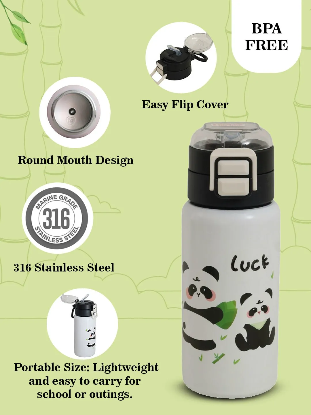 Panda Themed Luck Design Dual Sipper Steel Doubled Walled Insulated Water Bottle- 520 ML