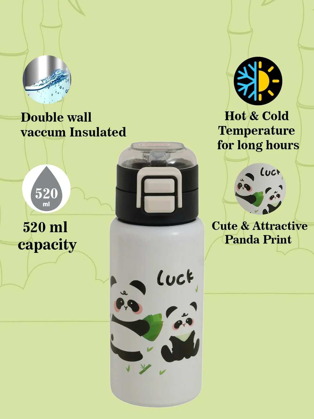 Panda Themed Luck Design Dual Sipper Steel Doubled Walled Insulated Water Bottle- 520 ML