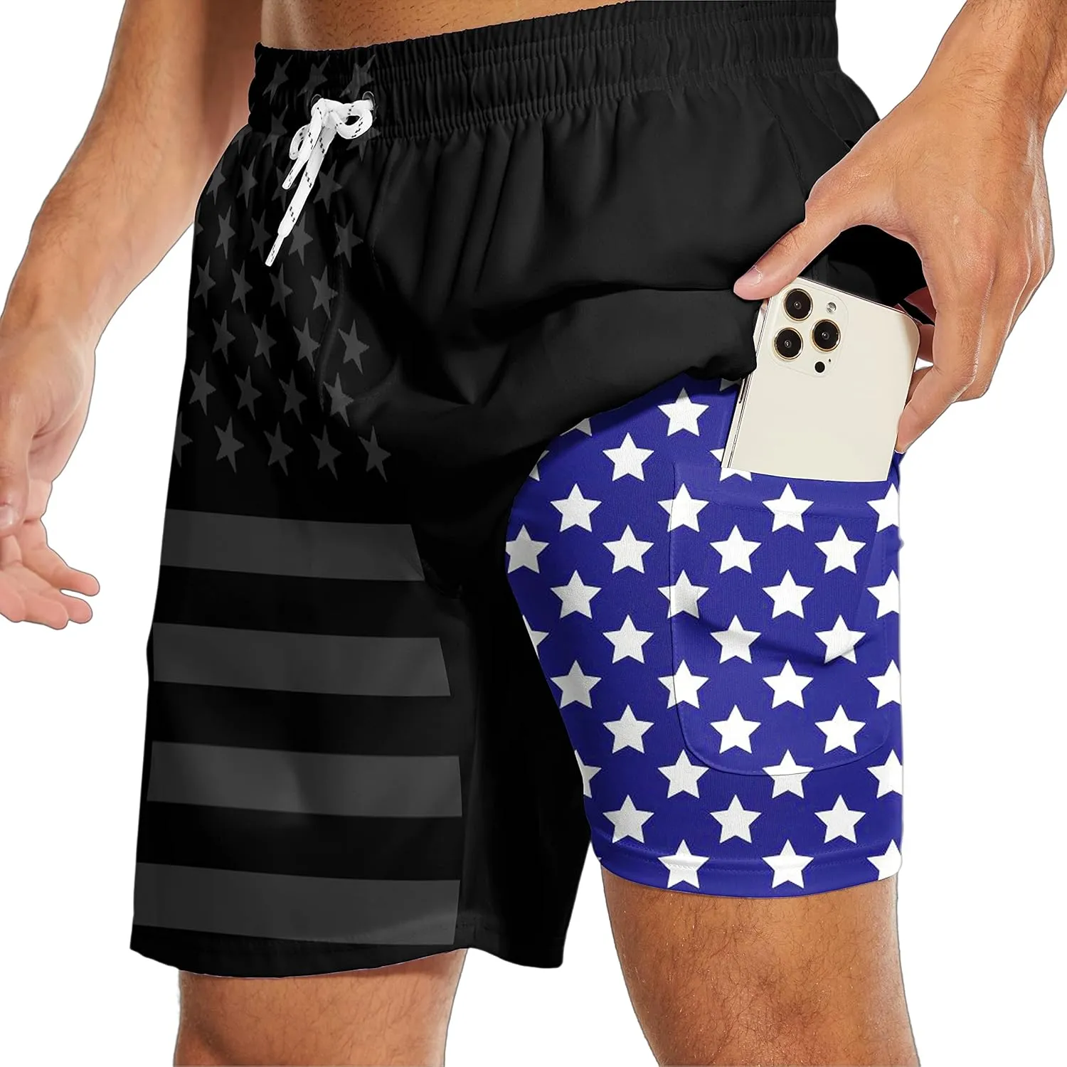 Partrest American Flag Men's Swim Trunks with Compression Liner USA Flag Swimming Trunks Board Shorts with Pocket Swim Shorts