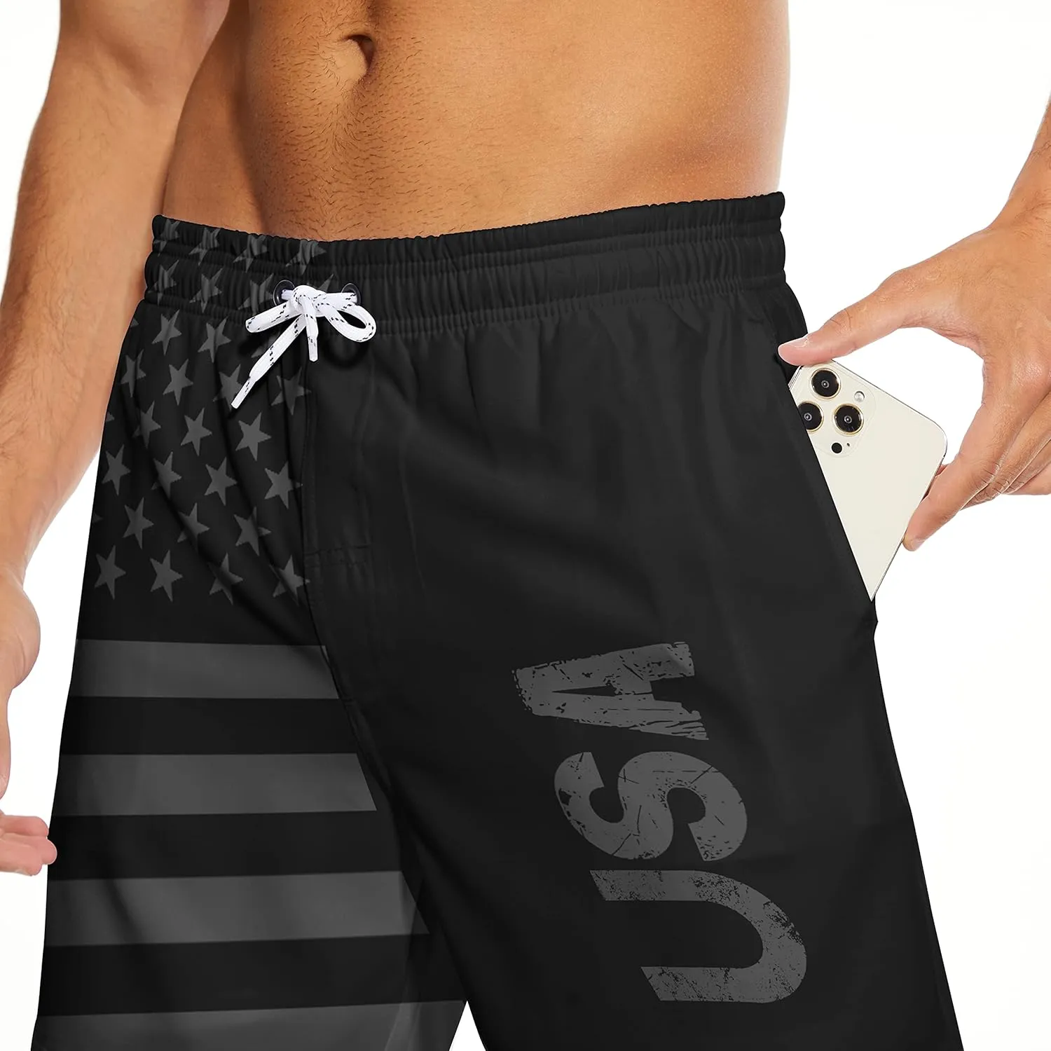 Partrest American Flag Men's Swim Trunks with Compression Liner USA Flag Swimming Trunks Board Shorts with Pocket Swim Shorts