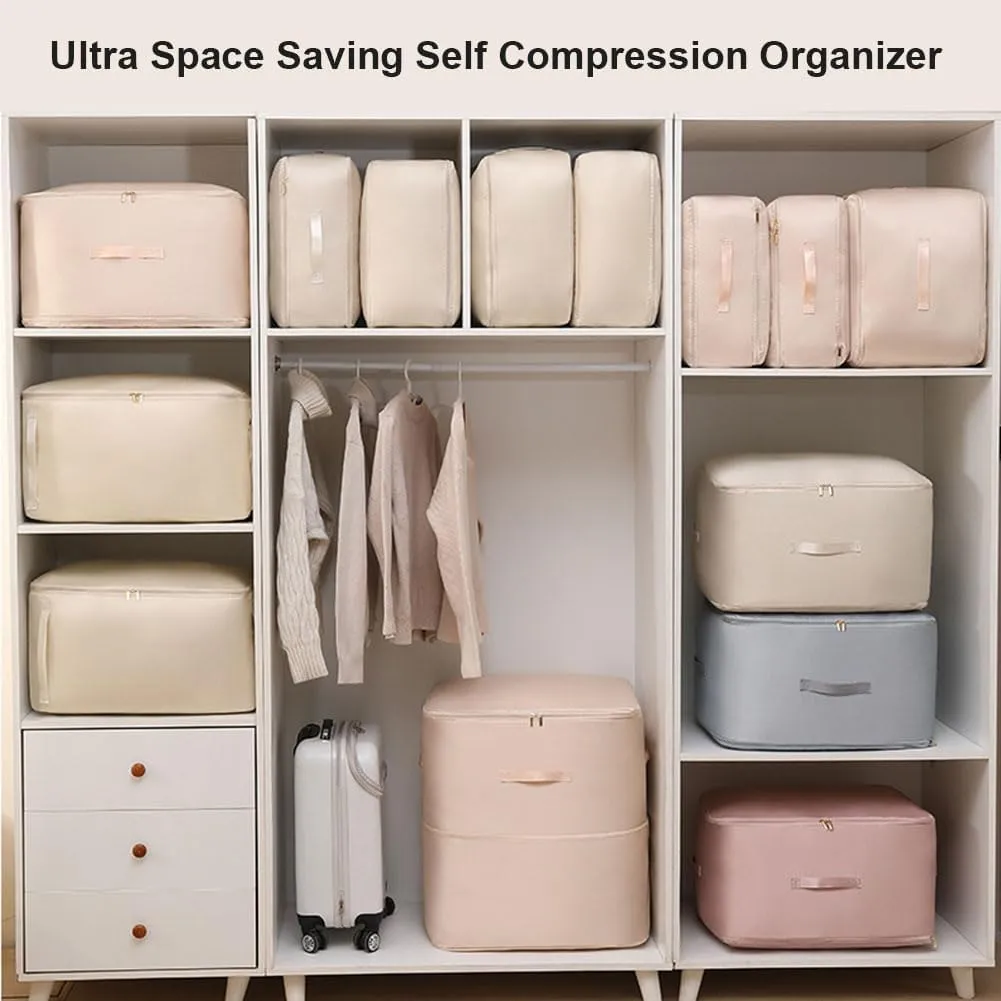 Peliaral Compression Organizer, Ultra Space Saving Self Compression Organizer, Compression Storage Bags For Clothes, Heavy Duty Moving Bags, for Space Saving for Comforters, Blankets (Pink-L XL)
