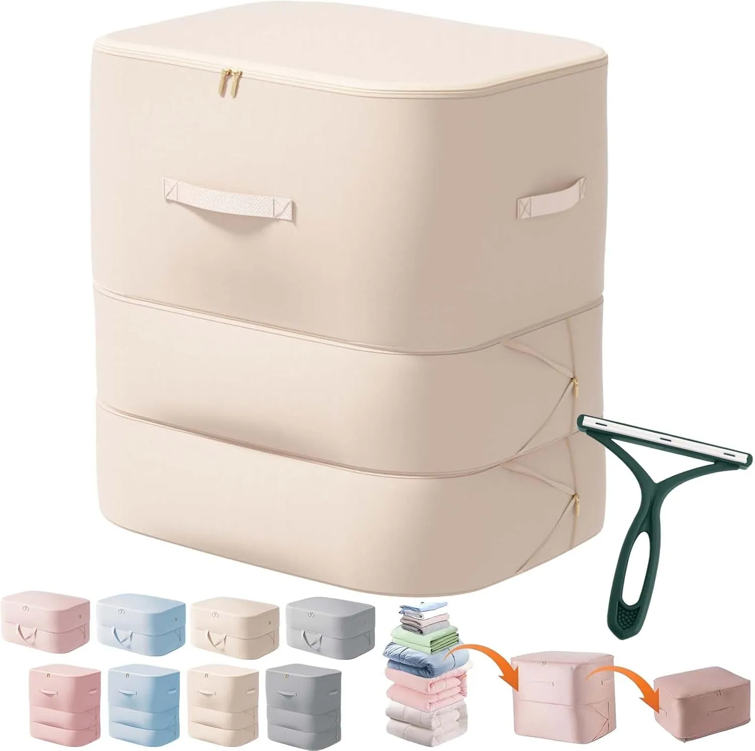 Peliaral Compression Organizer, Ultra Space Saving Self Compression Organizer, Large Capacity Quilt Storage Bags with Zipper, Washable Compression Bags for Storage Comforter Blanket (Beige,XXL)
