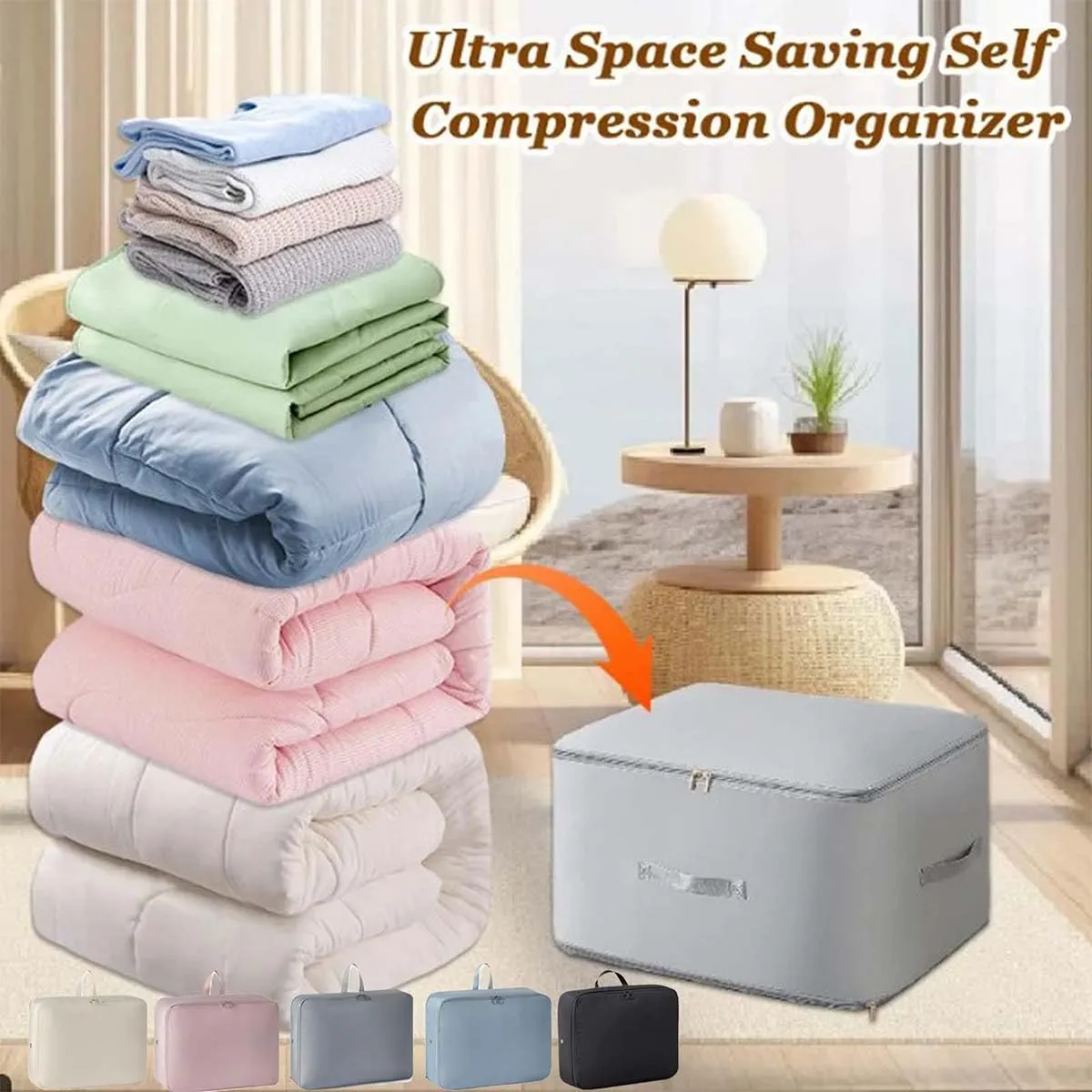 Peliaral Compression Organizer, Ultra Space Saving Self Compression Organizer, Large Capacity Quilt Storage Bags with Zipper, Washable Compression Bags for Storage Comforter Blanket (Beige,XXL)