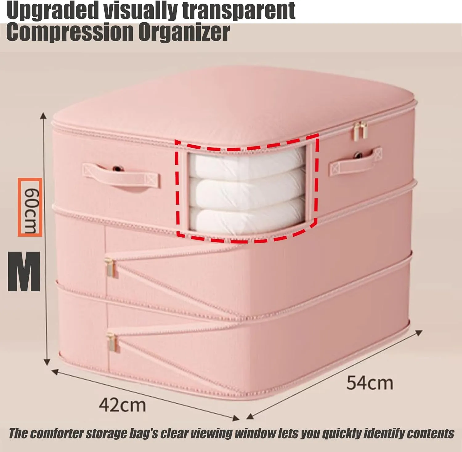 Peliaral Upgraded Visible Quilt Compression Bag Ultra Space Saving Self Compression Organizer Plus Size, 3-Layer Washable Large Capacity Comforter Storage Bag (Pink,24 * 21 * 17in)