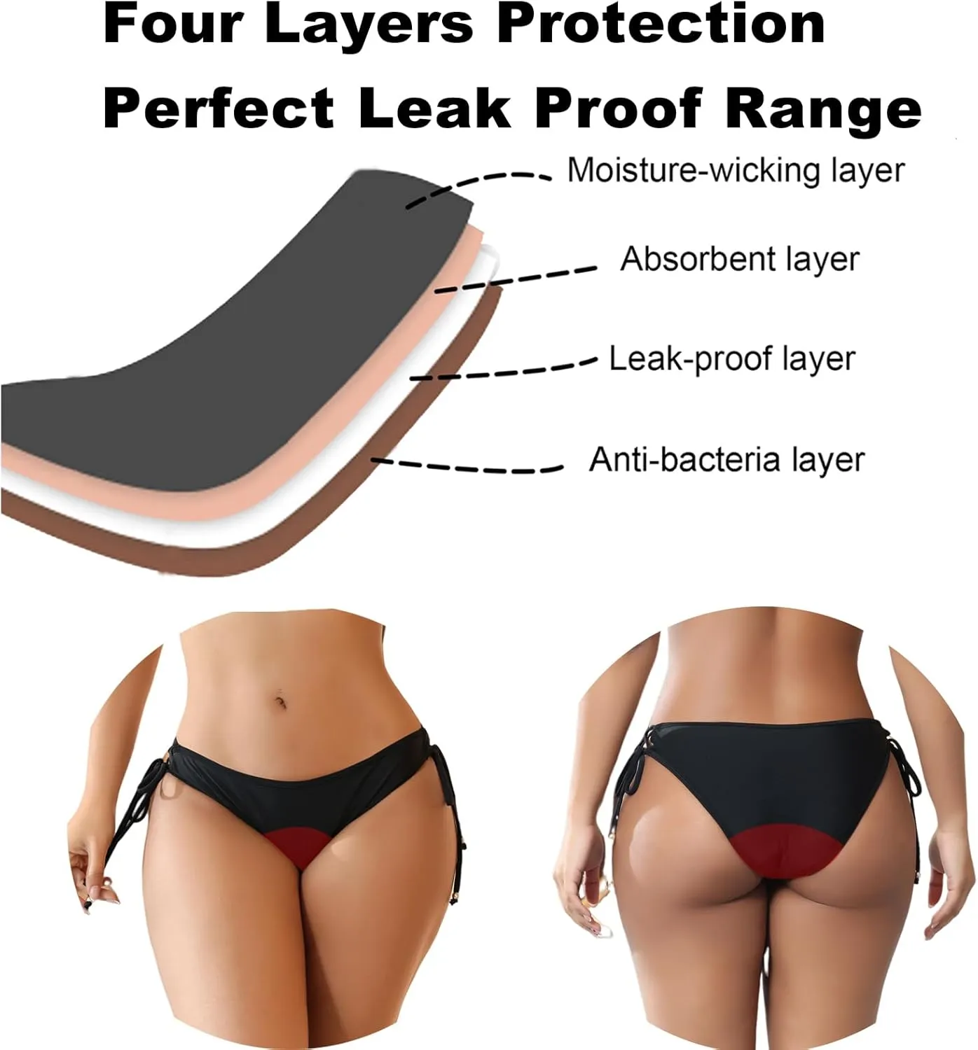 Period Swimwear Bikini Bottoms Black Leakproof Swim Bathing Suit Swimsuit Bottom Women Teens Girls Tie Cheeky