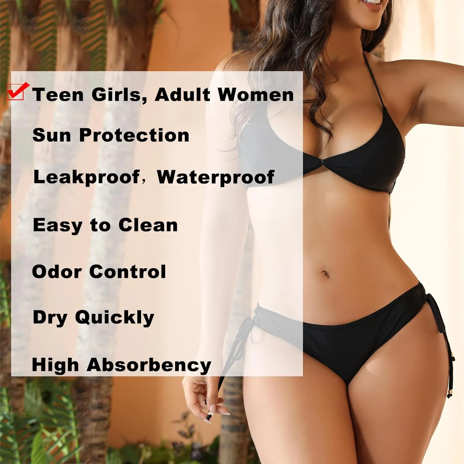 Period Swimwear Bikini Bottoms Black Leakproof Swim Bathing Suit Swimsuit Bottom Women Teens Girls Tie Cheeky