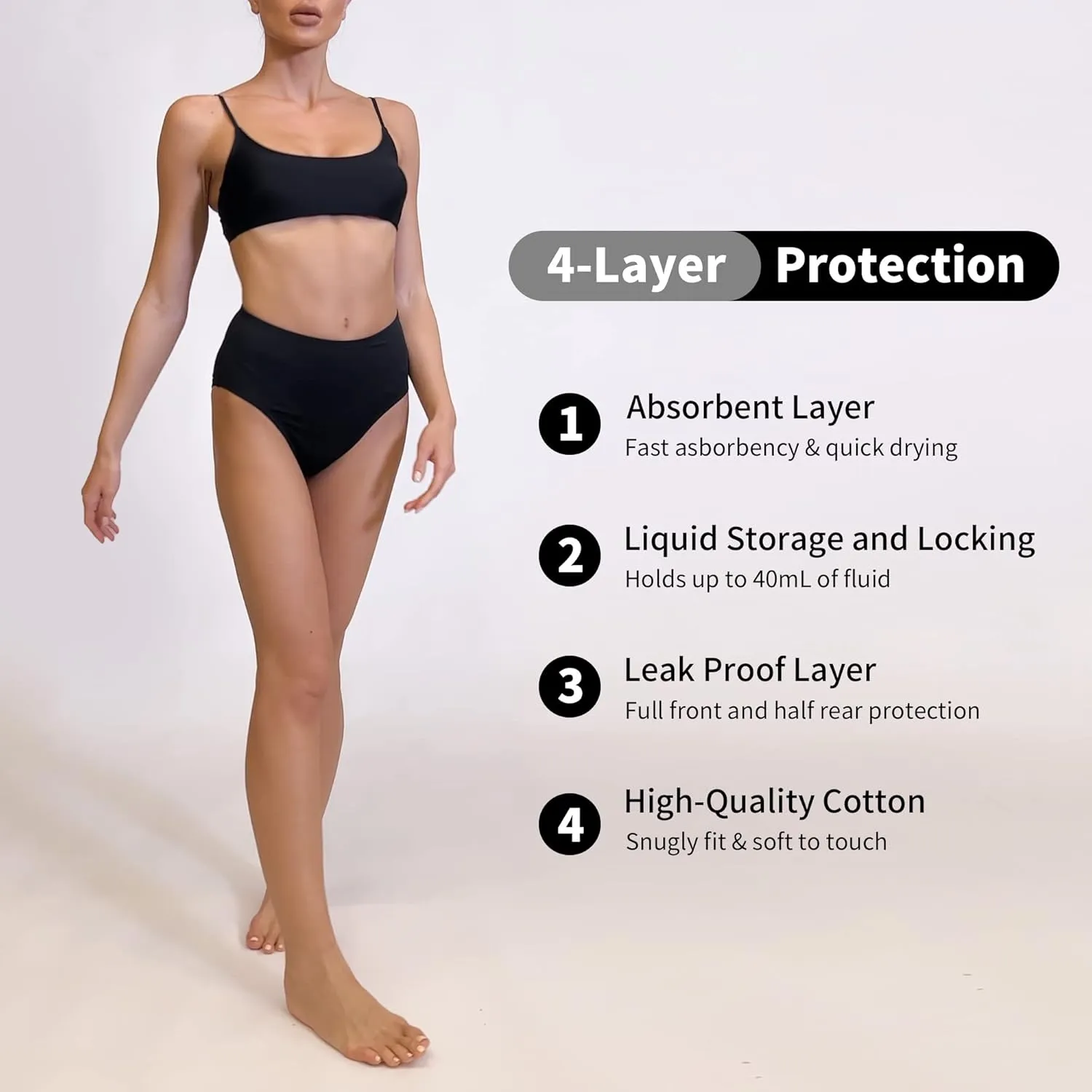 Period Swimwear - Menstrual Swimwear Bikini Bottoms - Black Leakproof Swim Bottoms for Teens Girls and Women