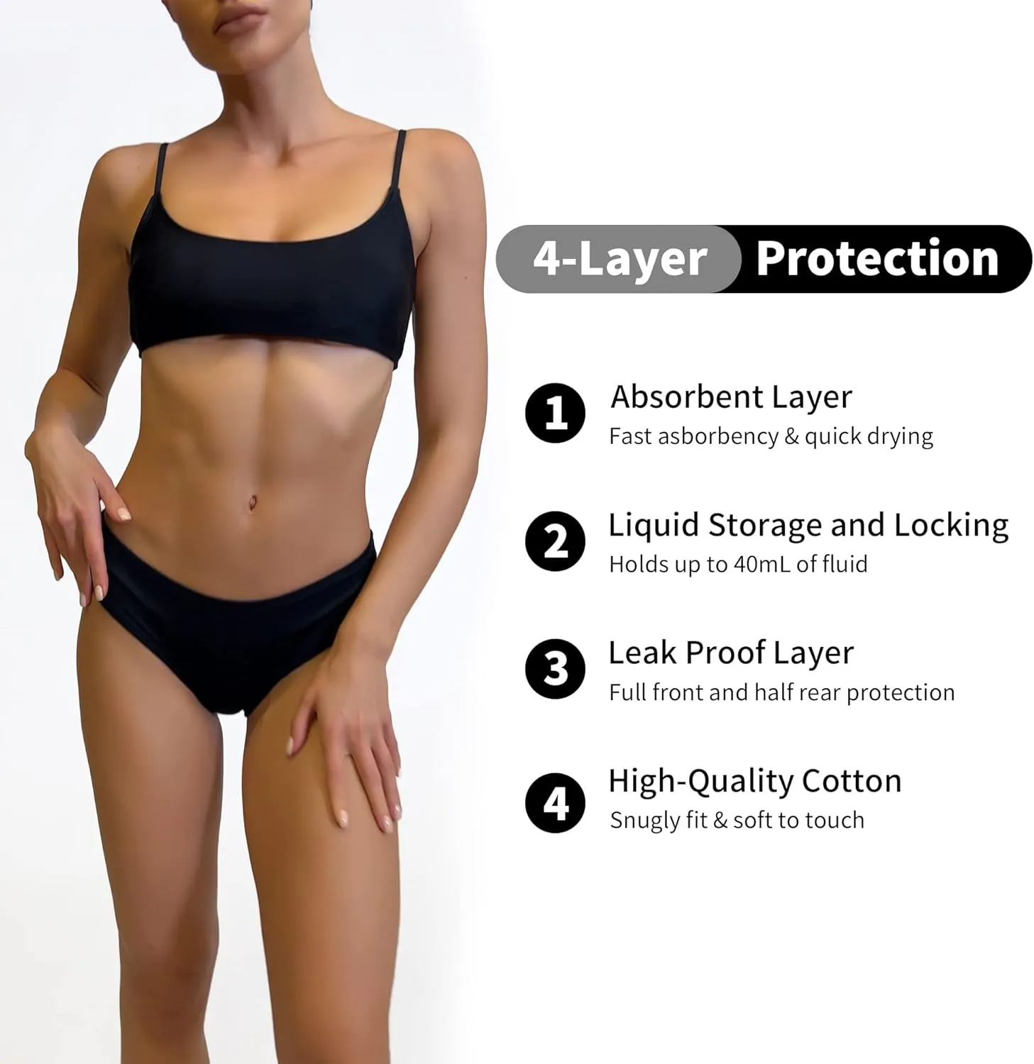 Period Swimwear - Menstrual Swimwear Bikini Bottoms - Black Leakproof Swim Bottoms for Teens Girls and Women