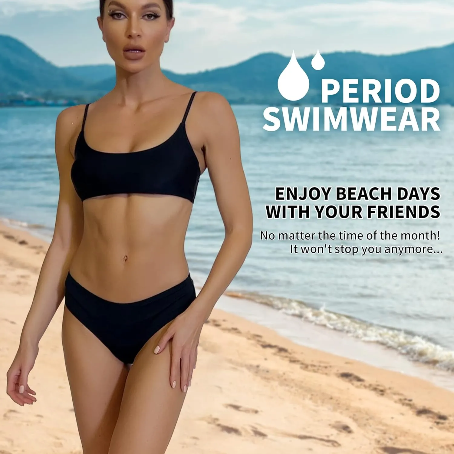 Period Swimwear - Menstrual Swimwear Bikini Bottoms - Black Leakproof Swim Bottoms for Teens Girls and Women