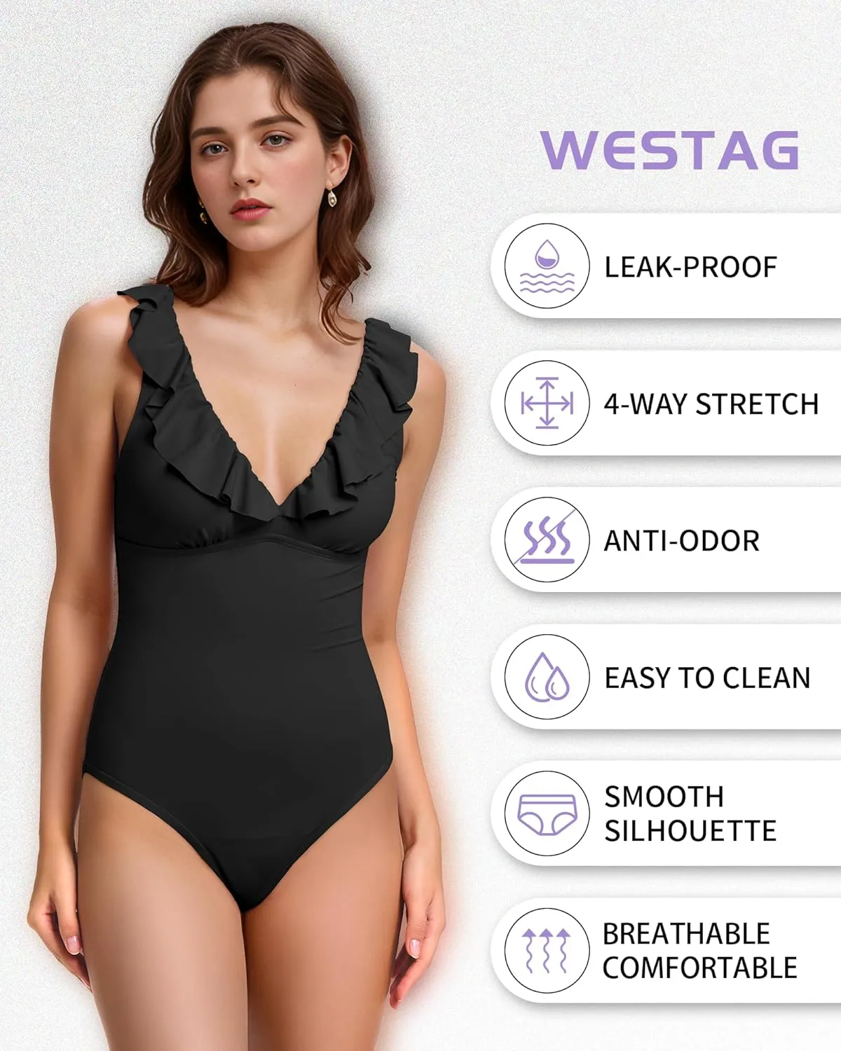 Period Swimwear Ruffled One Piece Leakproof Menstrual Period Swimsuit V Neck Bathing Suit for Teen Girl