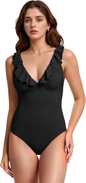 Period Swimwear Ruffled One Piece Leakproof Menstrual Period Swimsuit V Neck Bathing Suit for Teen Girl