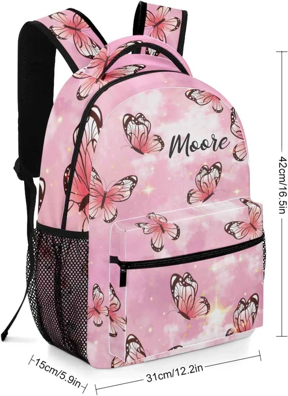 Personalized Backpack Watercolor Pink Butterfly Travel Backpack College BookBag School Bag 17.7 IN for Girls Boys Kids