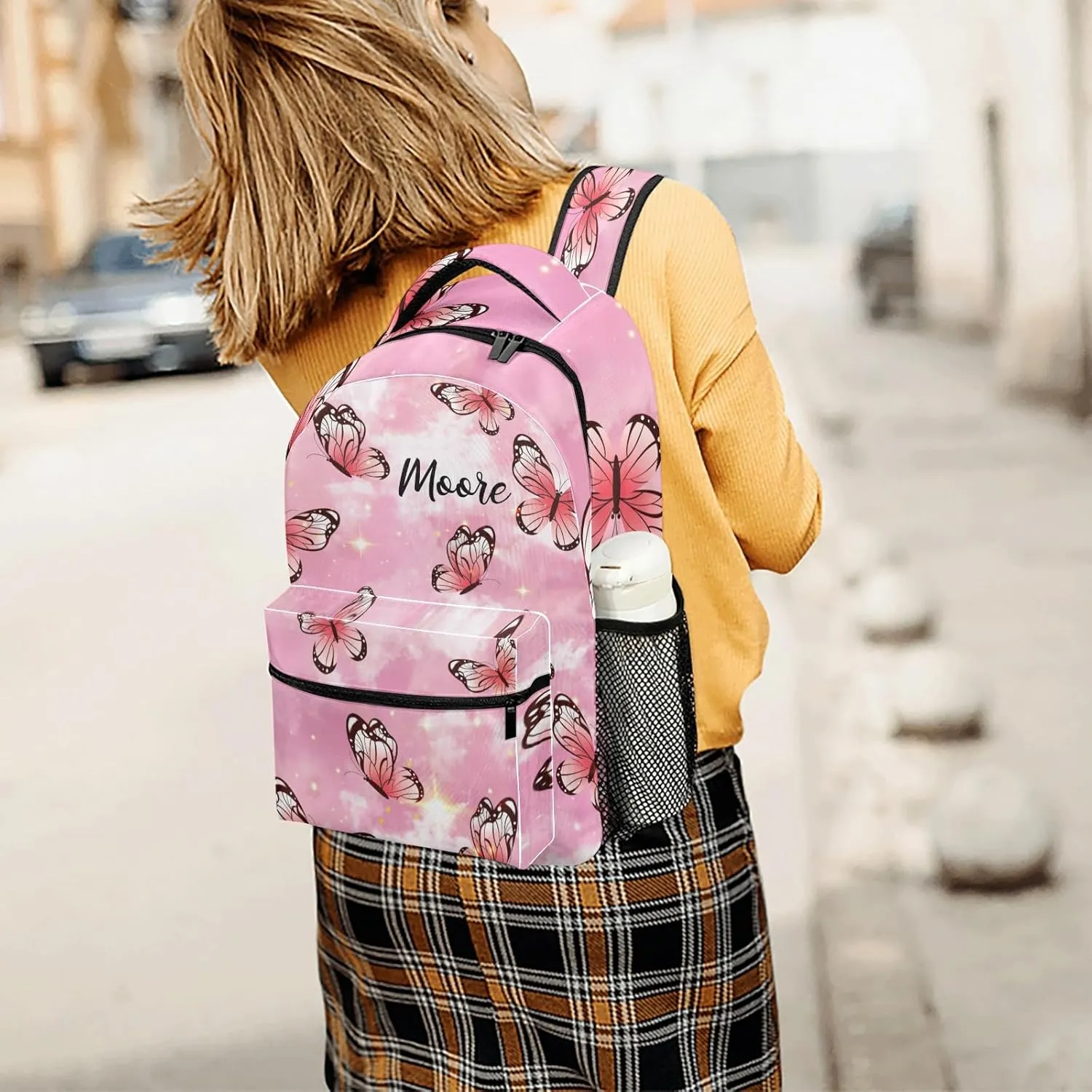Personalized Backpack Watercolor Pink Butterfly Travel Backpack College BookBag School Bag 17.7 IN for Girls Boys Kids