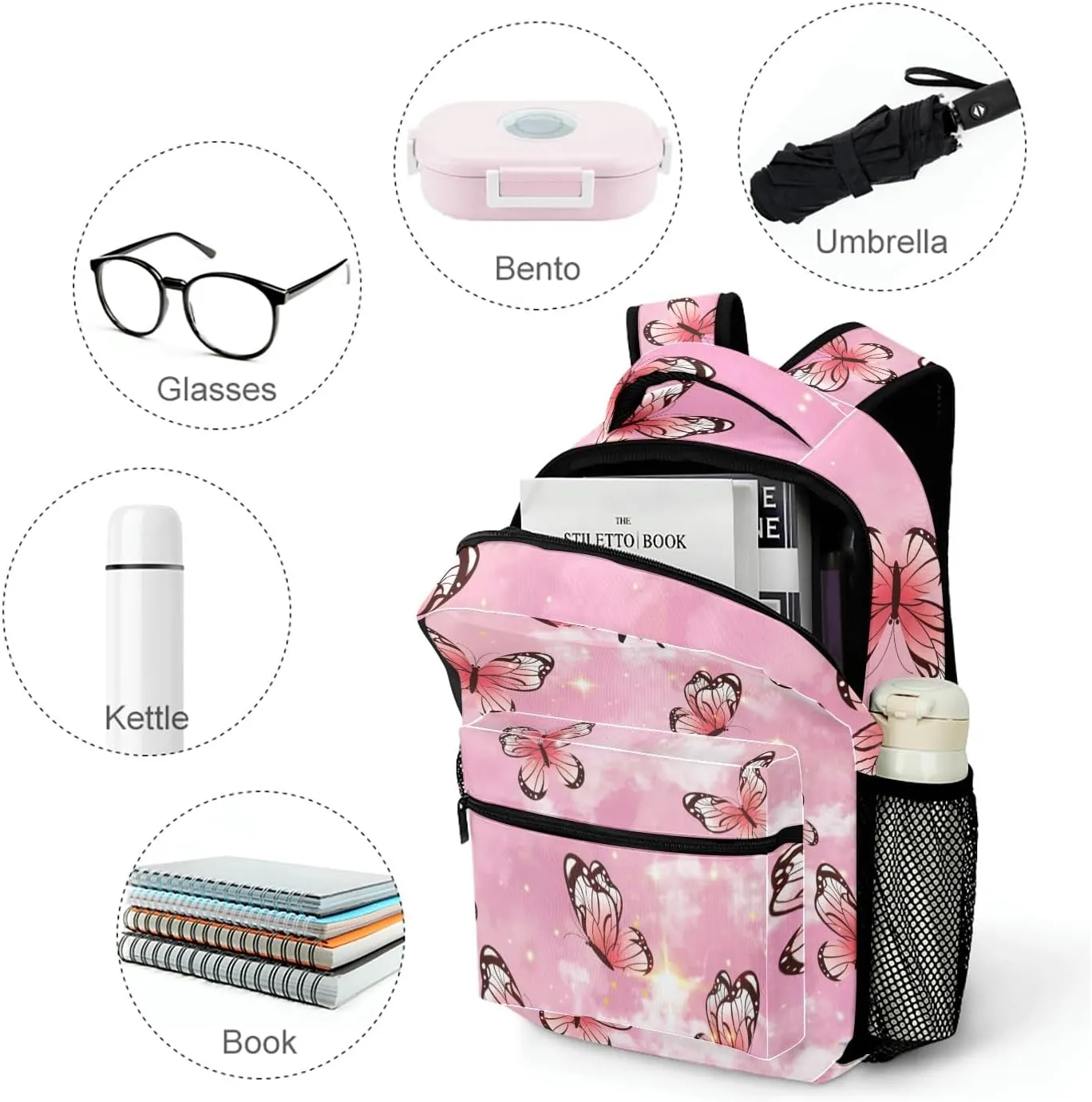 Personalized Backpack Watercolor Pink Butterfly Travel Backpack College BookBag School Bag 17.7 IN for Girls Boys Kids