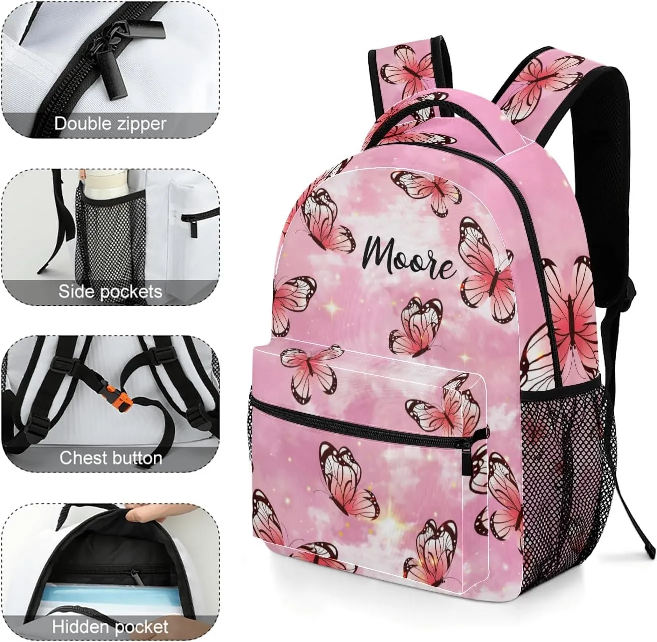 Personalized Backpack Watercolor Pink Butterfly Travel Backpack College BookBag School Bag 17.7 IN for Girls Boys Kids