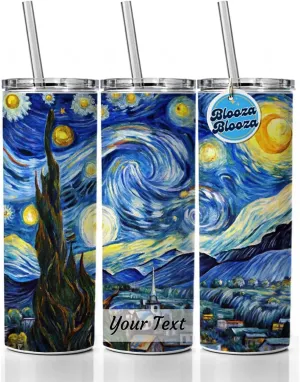 Personalized Custom Name Text Watercolor Faux Van Gogh Starry Night Skinny Tumbler 20oz with Straw Insulated Water Bottle Gift - 1 Line Horizontal