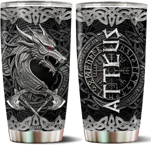 Personalized Dragon Viking Tumbler Gifts for Men Dad Husband Friends Dragon Lovers Insulated Stainless Steel 20oz With Lid Travel Cup Coffee Mug Water Bottle Gift