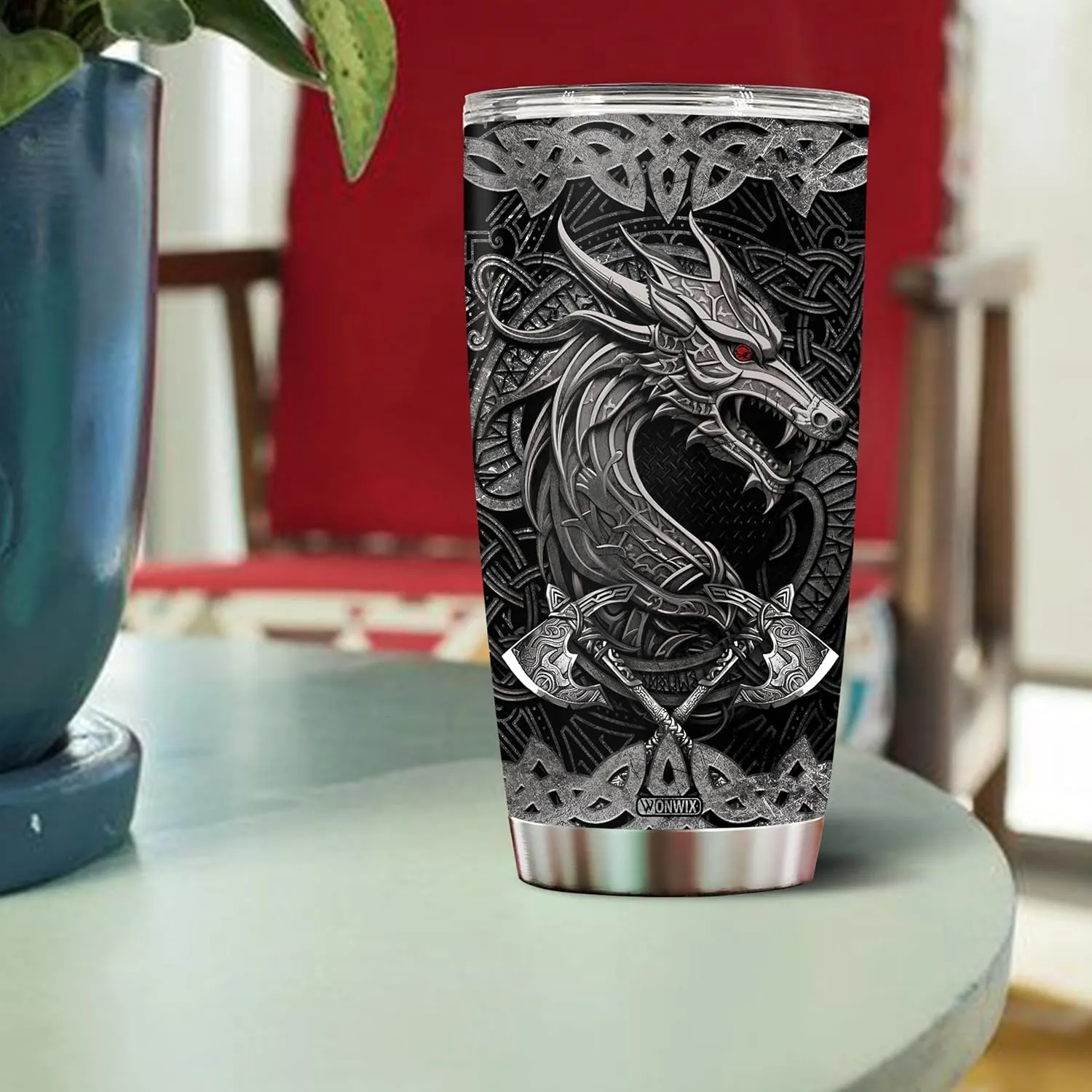 Personalized Dragon Viking Tumbler Gifts for Men Dad Husband Friends Dragon Lovers Insulated Stainless Steel 20oz With Lid Travel Cup Coffee Mug Water Bottle Gift