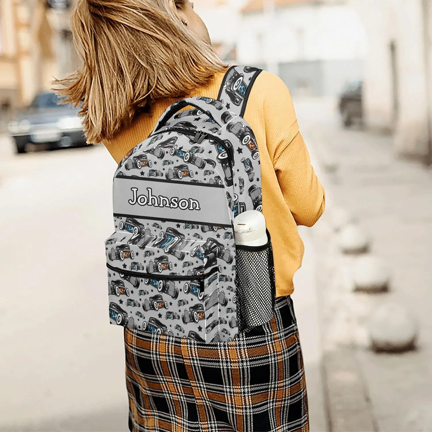 Personalized Name Car Racing Backpack Unisex Bookbag for Boy Girl Travel Daypack Bag Purse 17.7 IN